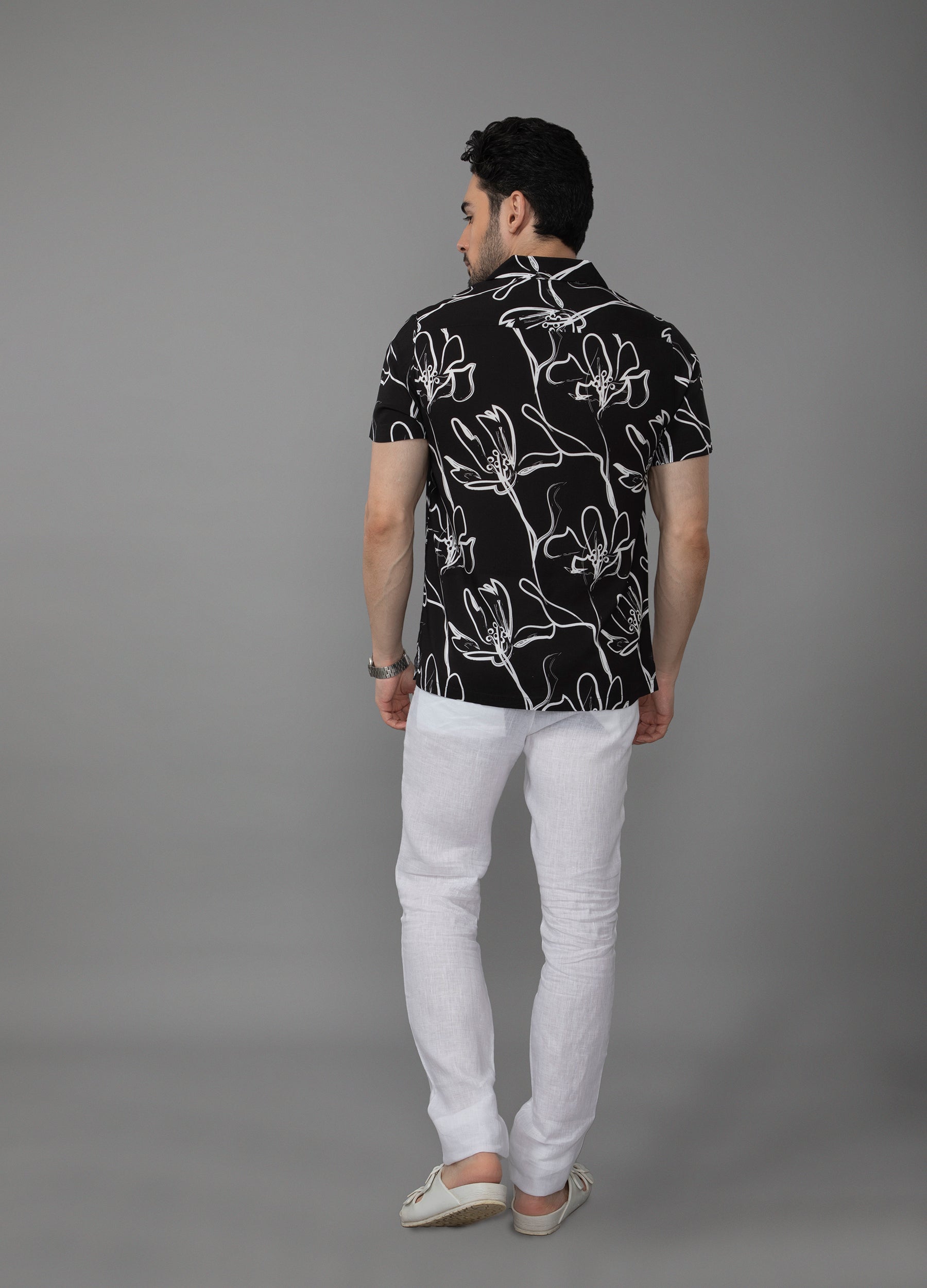 Blanc - Noir - Fleur: Camp Collar Floral Print Shirt -Black