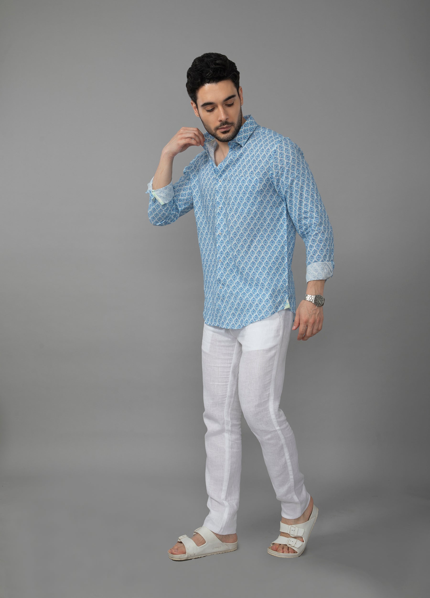 Conch Shell: Point Collar Linen Blend Conch Print Shirt - White