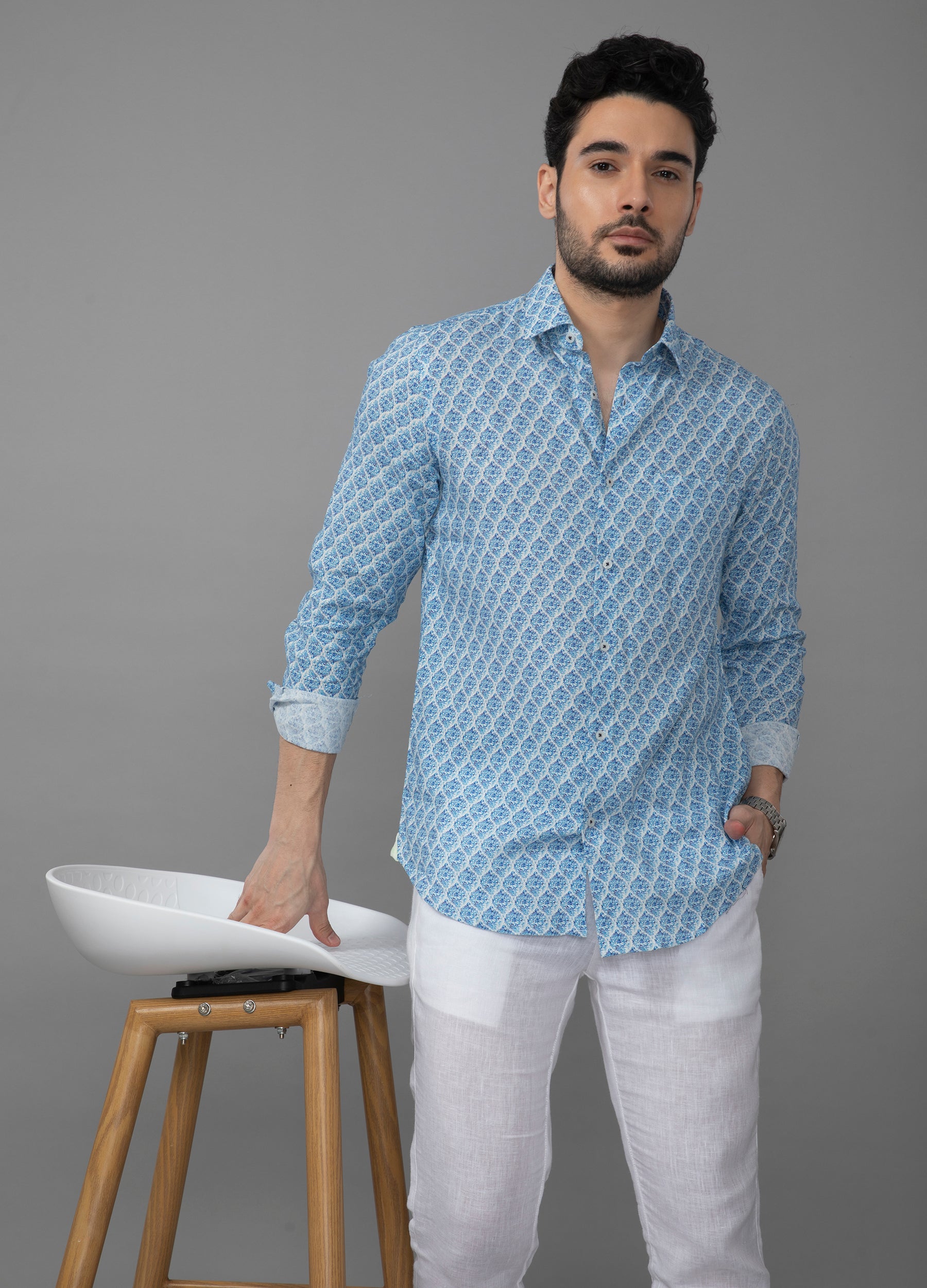 Conch Shell: Point Collar Linen Blend Conch Print Shirt - White