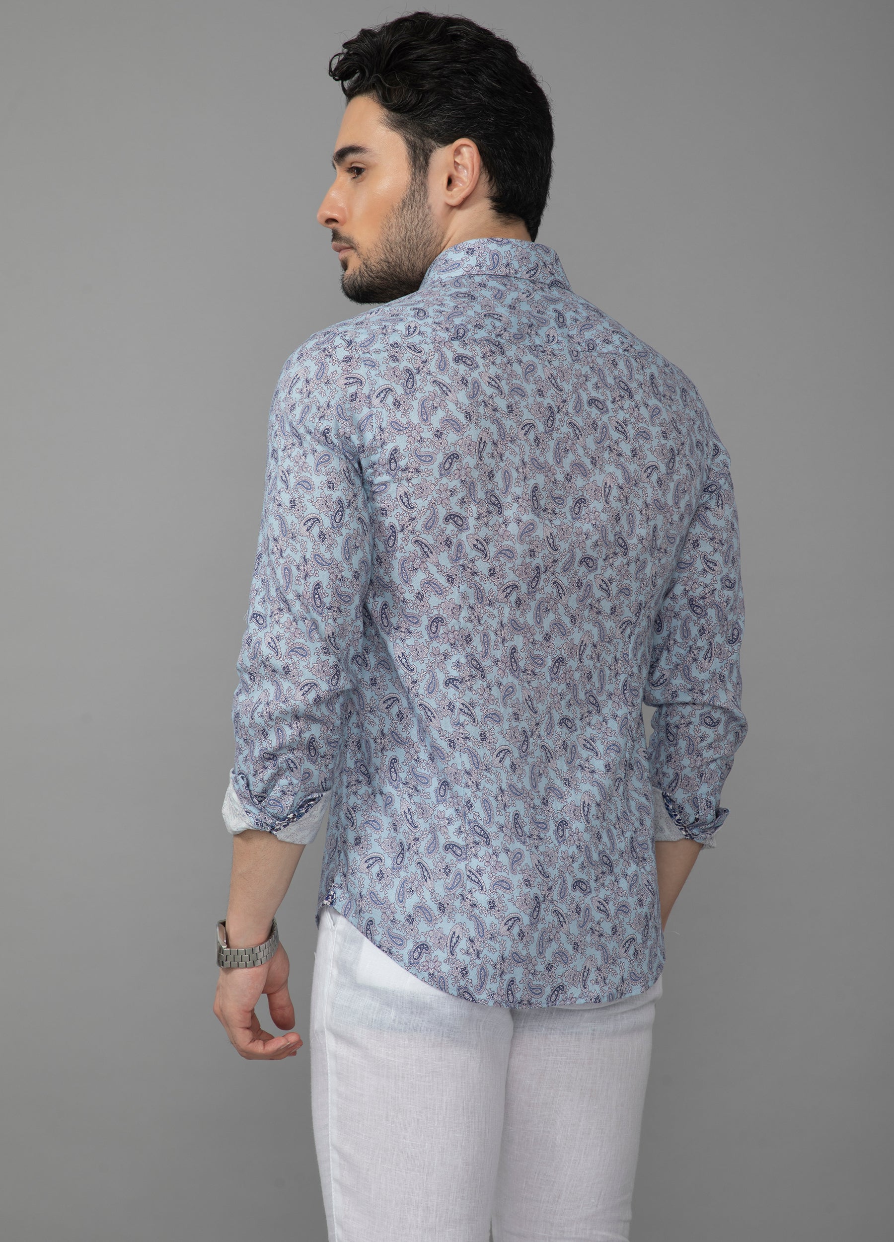 Cutaway Collar Linen Tencel Paisley Print Shirt-Smoke blue