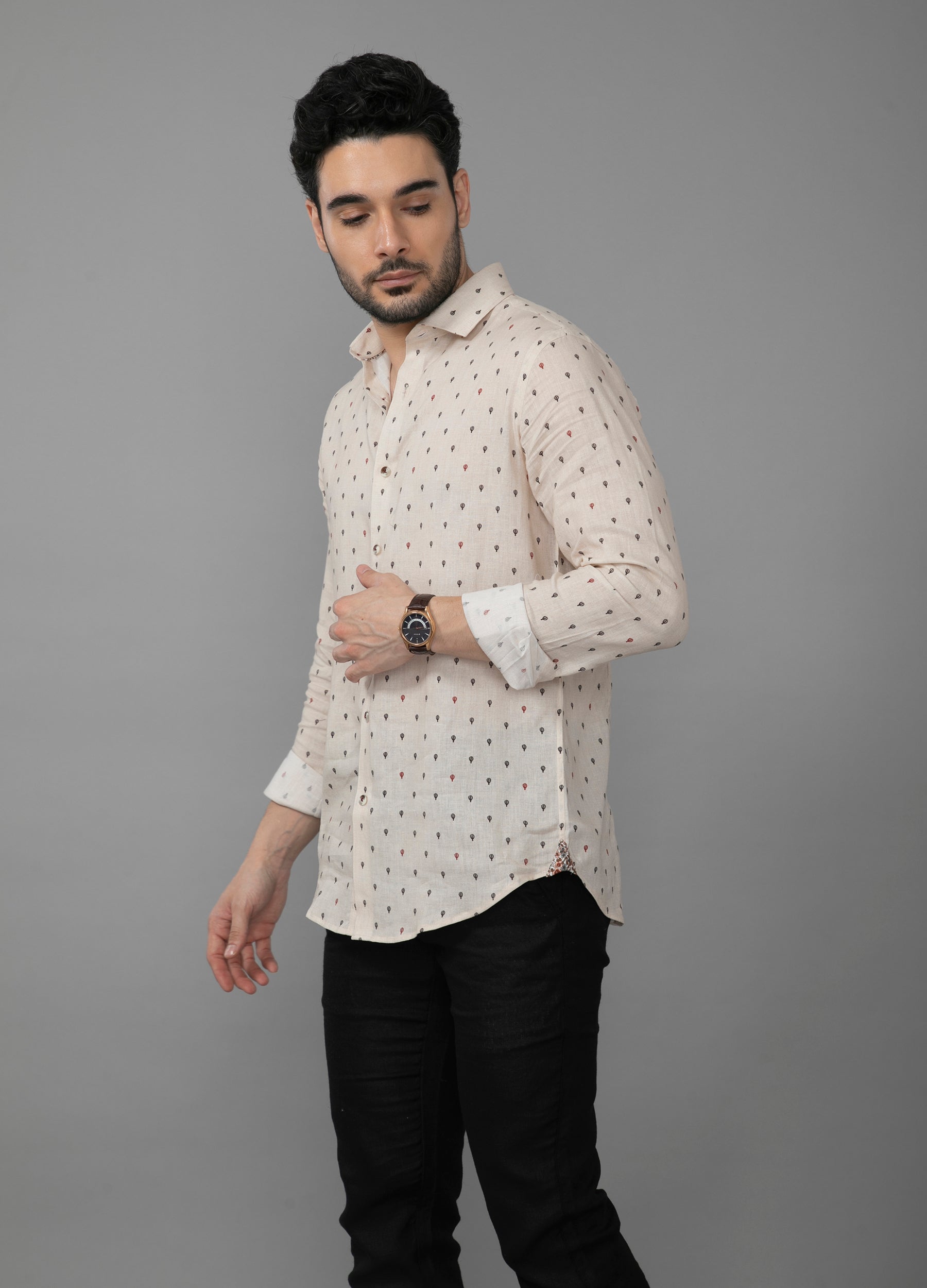 Cutaway collar Linen Tencel Balloon Print Shirt- Beige