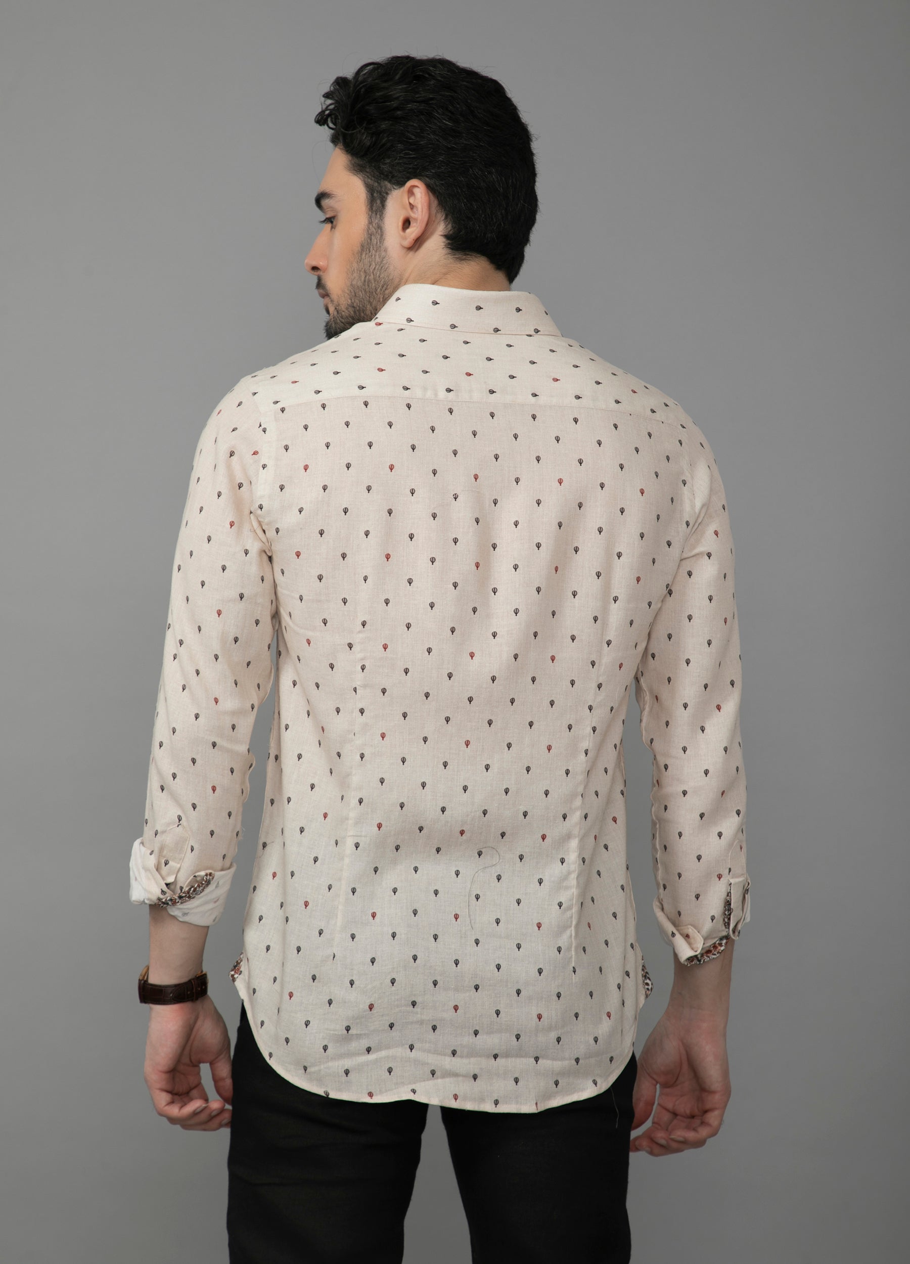 Cutaway collar Linen Tencel Balloon Print Shirt- Beige