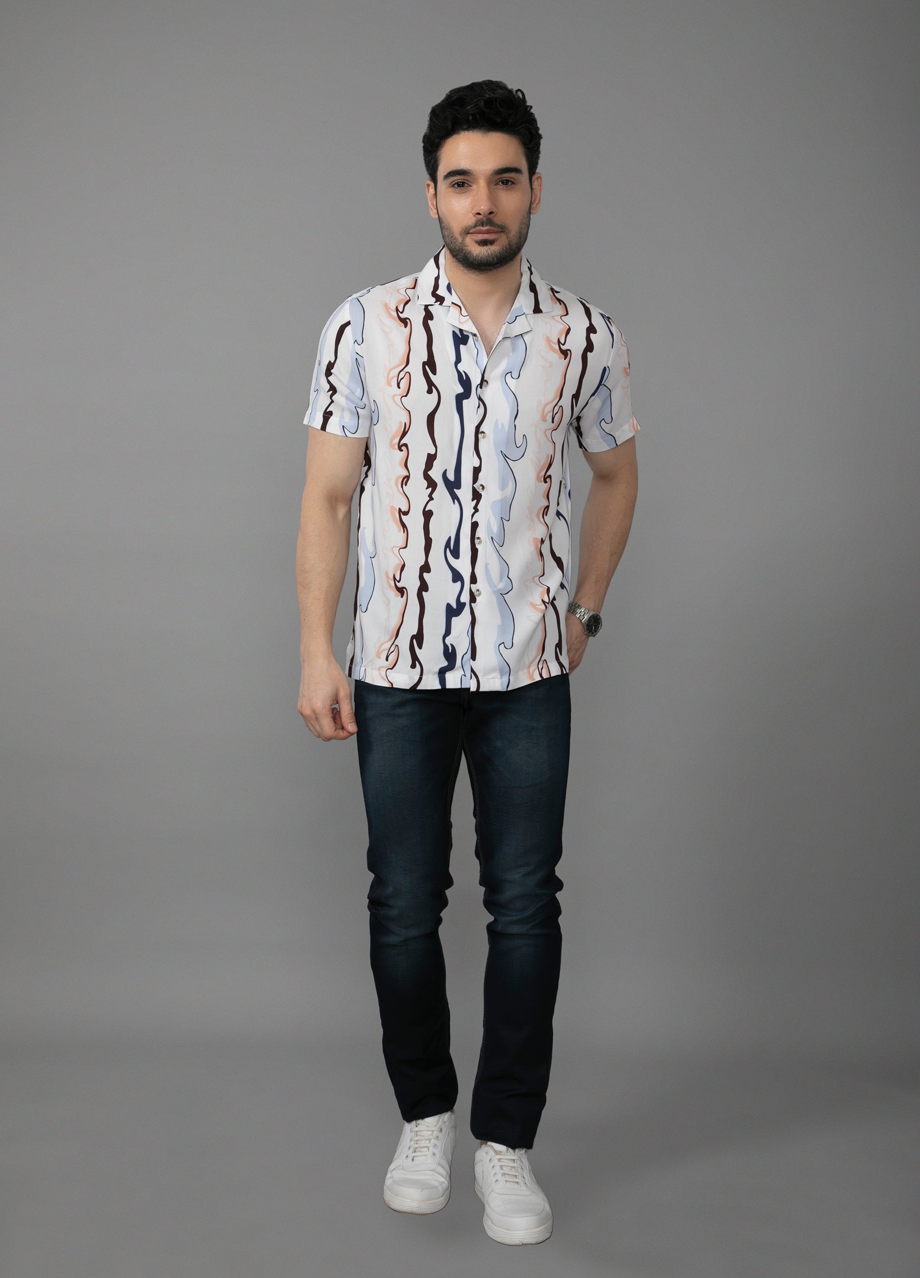 Waves of Life: Camp Collar Wave Print Shirt - Off White