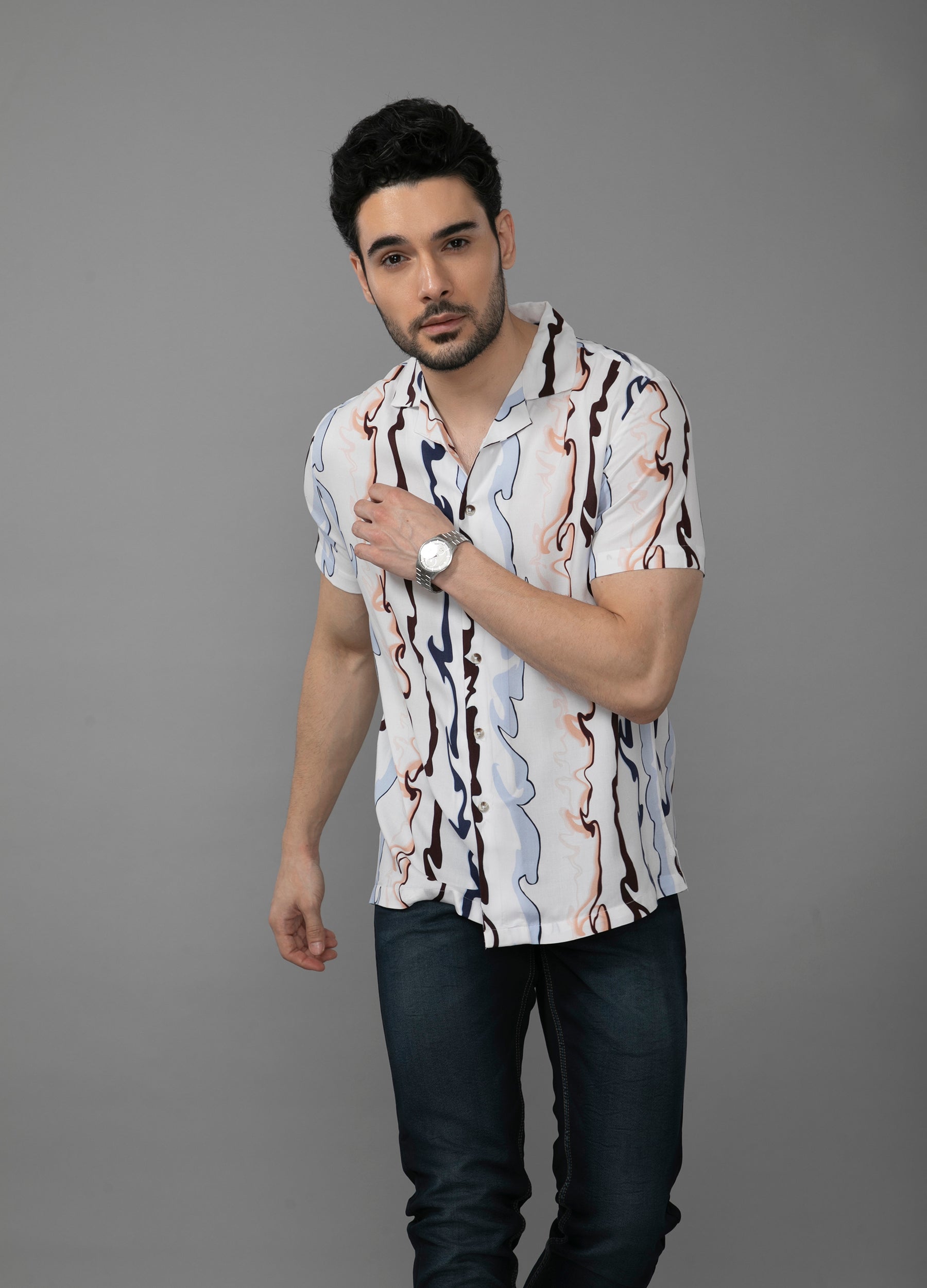 Waves of Life: Camp Collar Wave Print Shirt - Off White