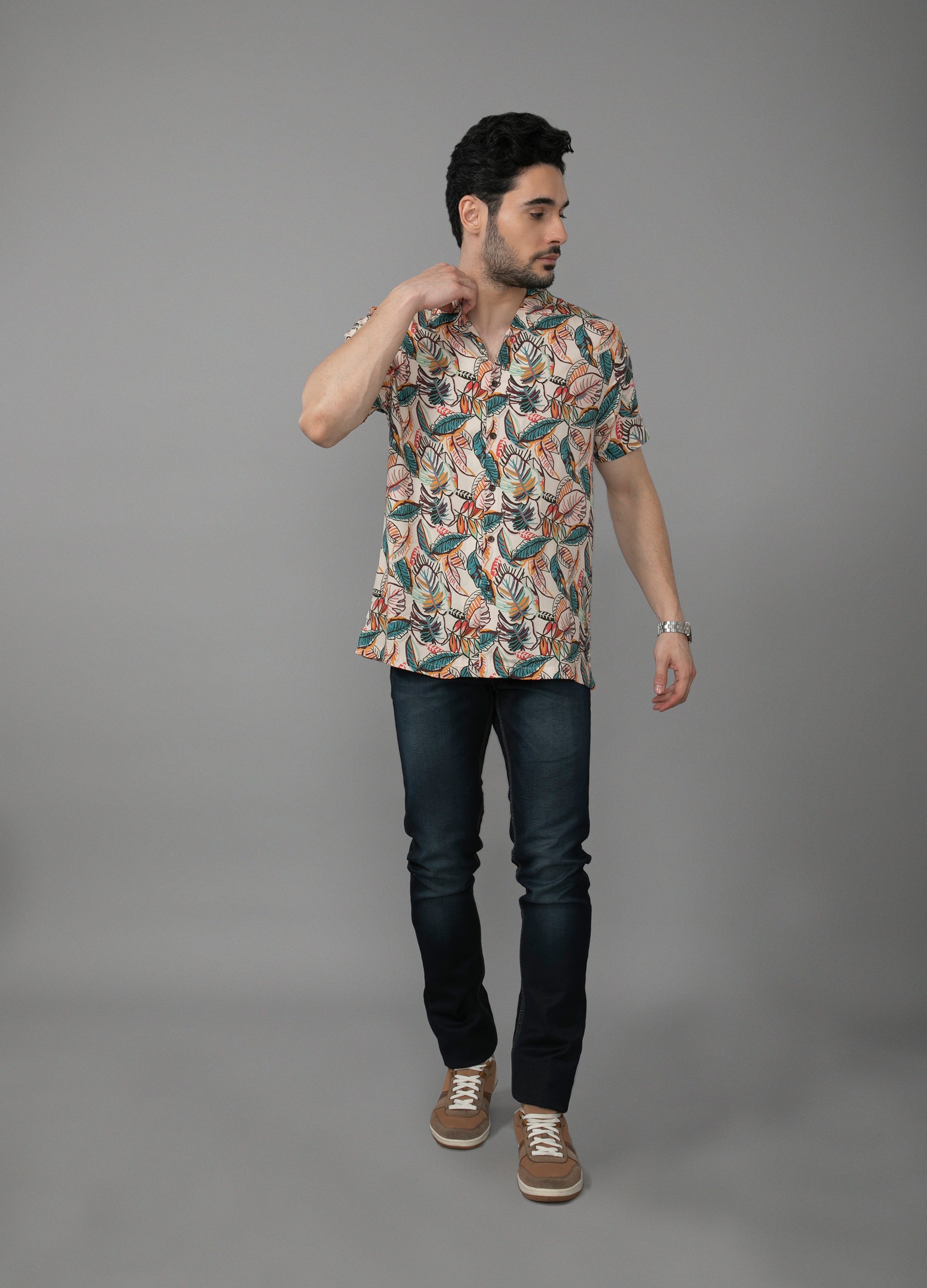 Tropical Twist : Camp Collar Bold Leaf Print Shirt- Beige