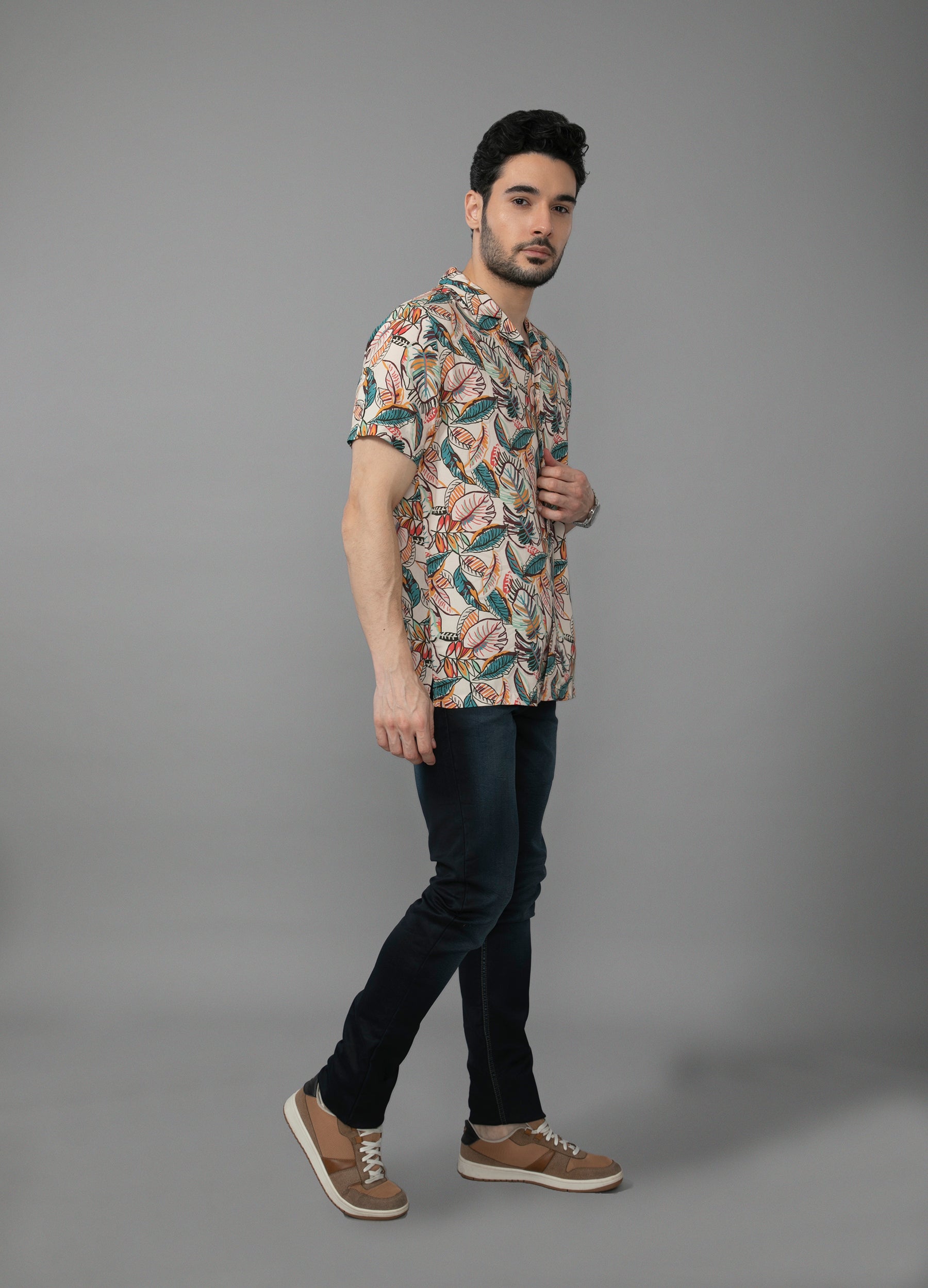 Tropical Twist : Camp Collar Bold Leaf Print Shirt- Beige