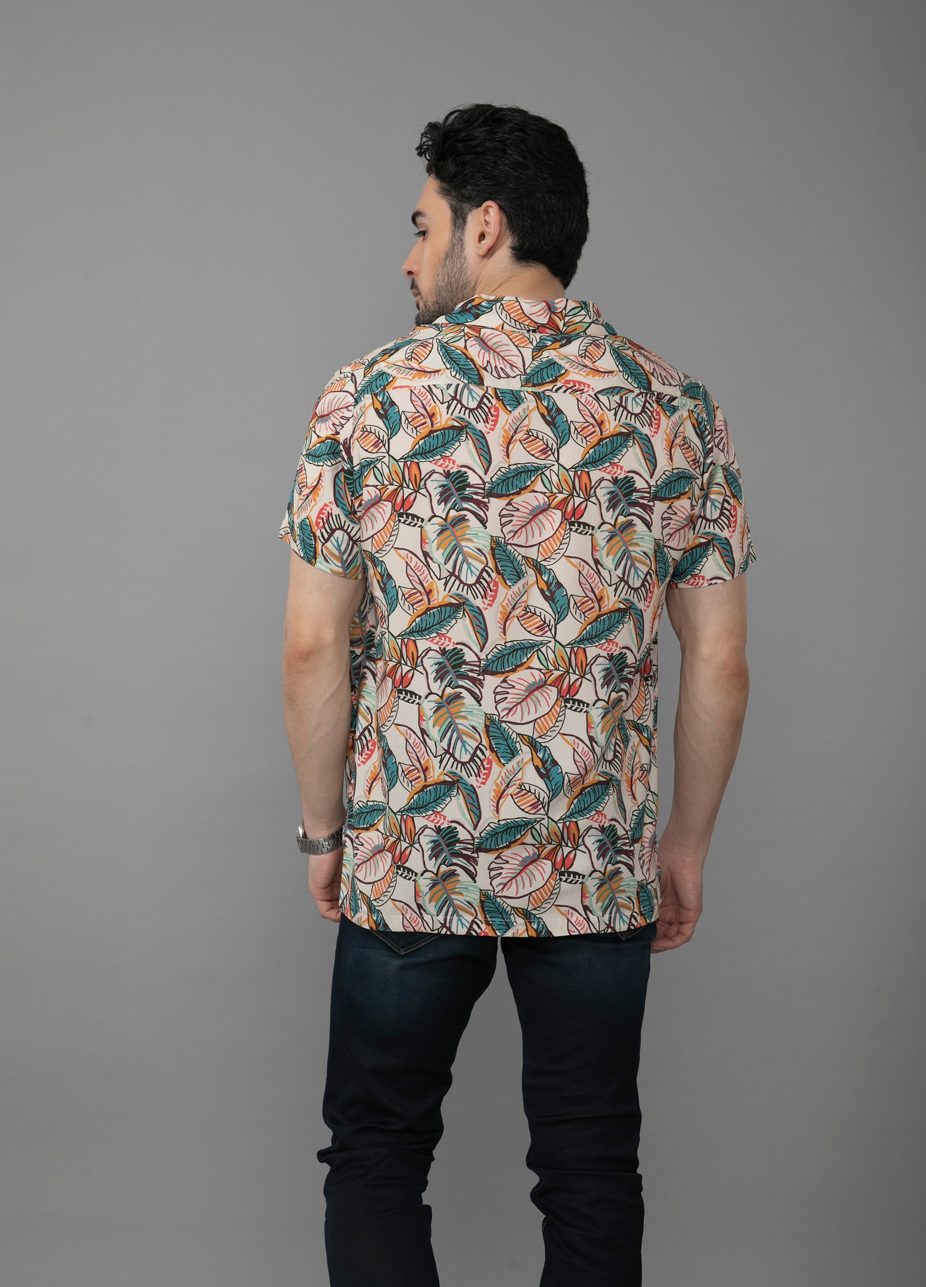 Tropical Twist : Camp Collar Bold Leaf Print Shirt- Beige