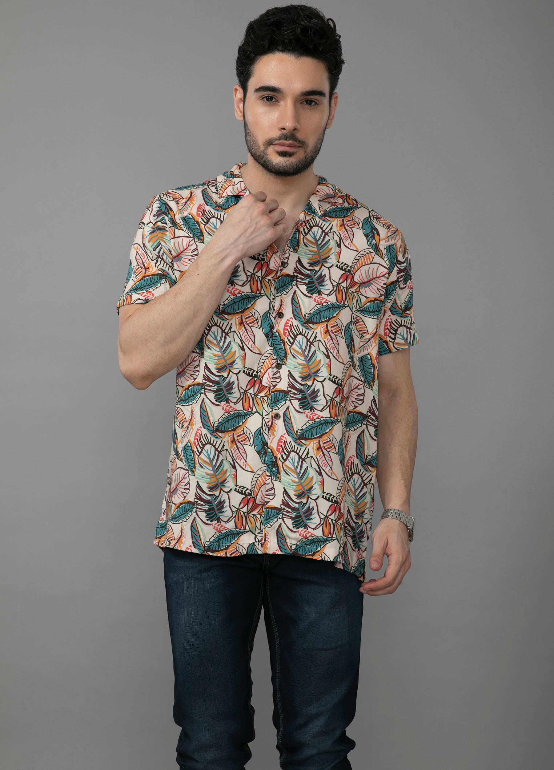 Tropical Twist : Camp Collar Bold Leaf Print Shirt- Beige