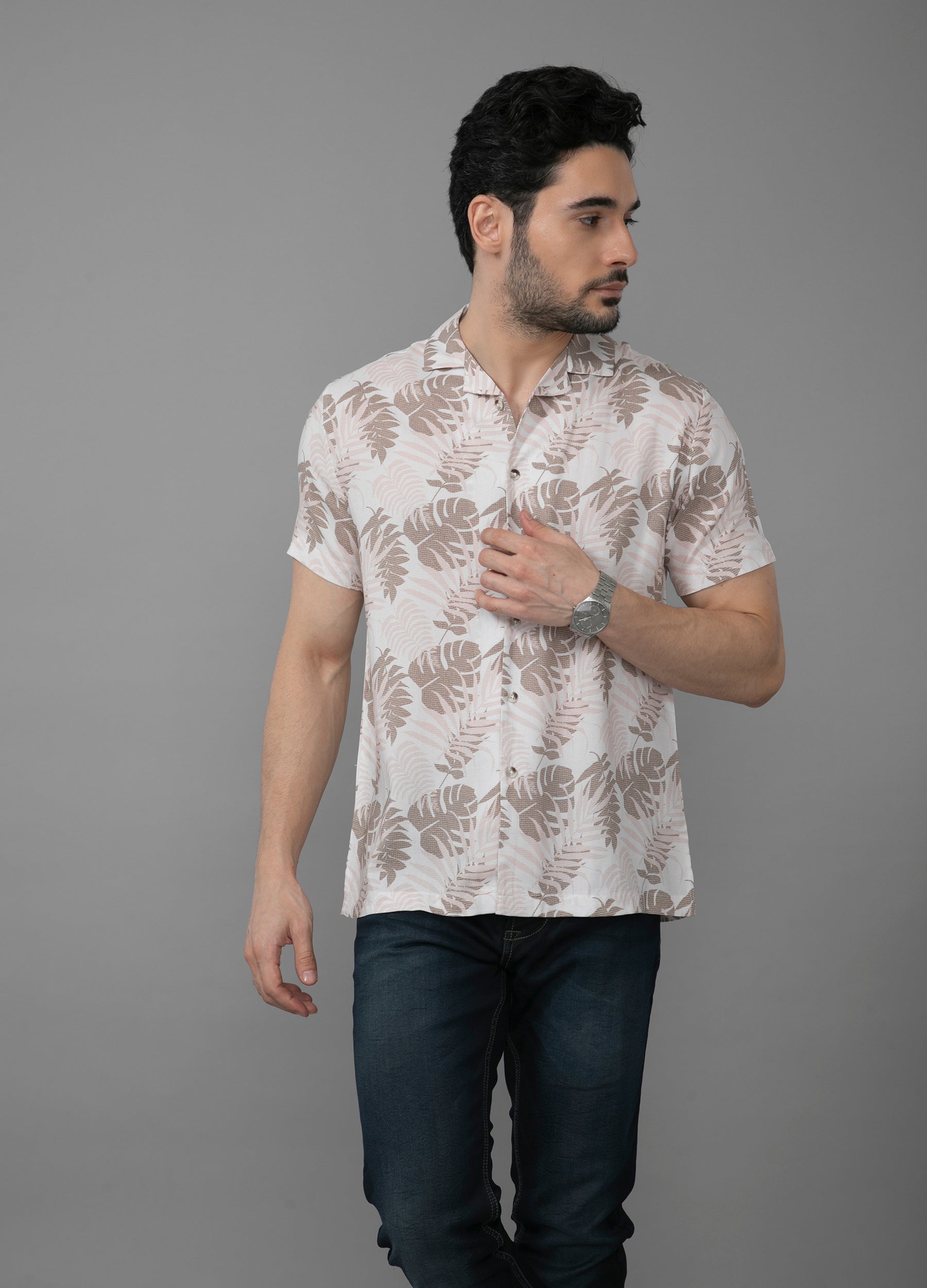 Roz Tropiko: Camp Collar Palm Leaf Print Shirt - Beige