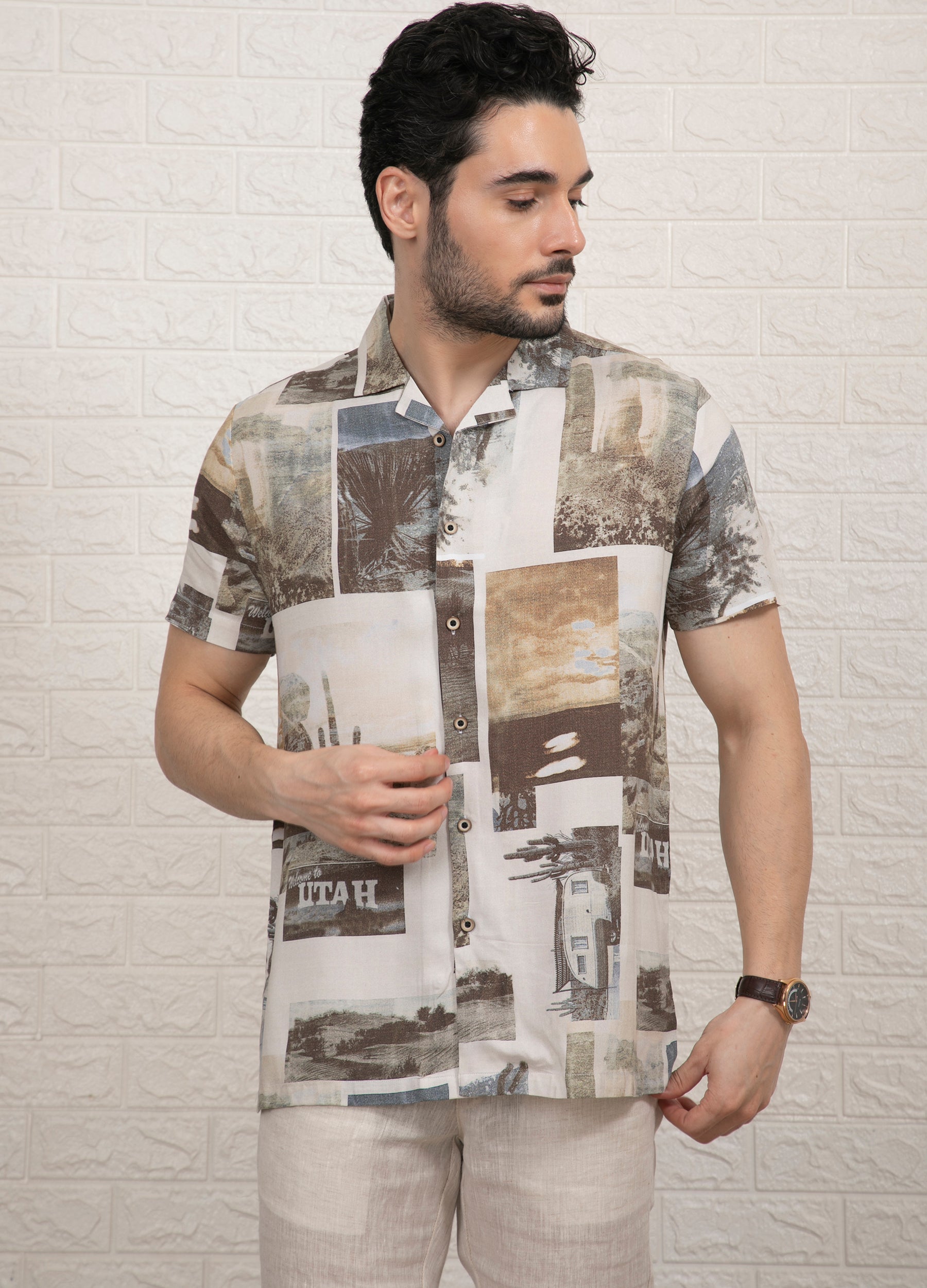 Xiros Utah: Camp Collar Utah Print Shirt- Soft Beige