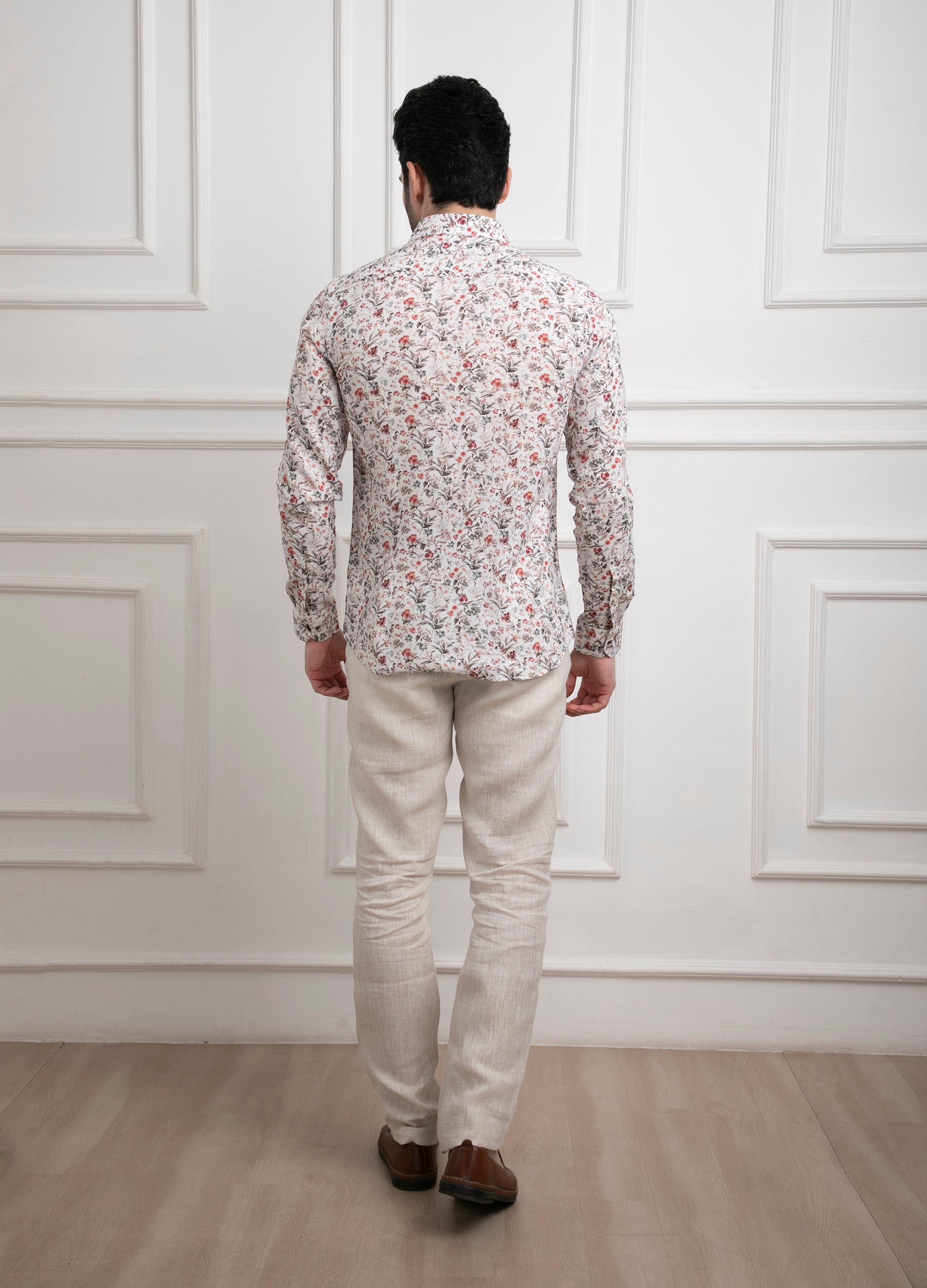 Cutaway Collar Linen Tencel Floral Print Shirt - Off White