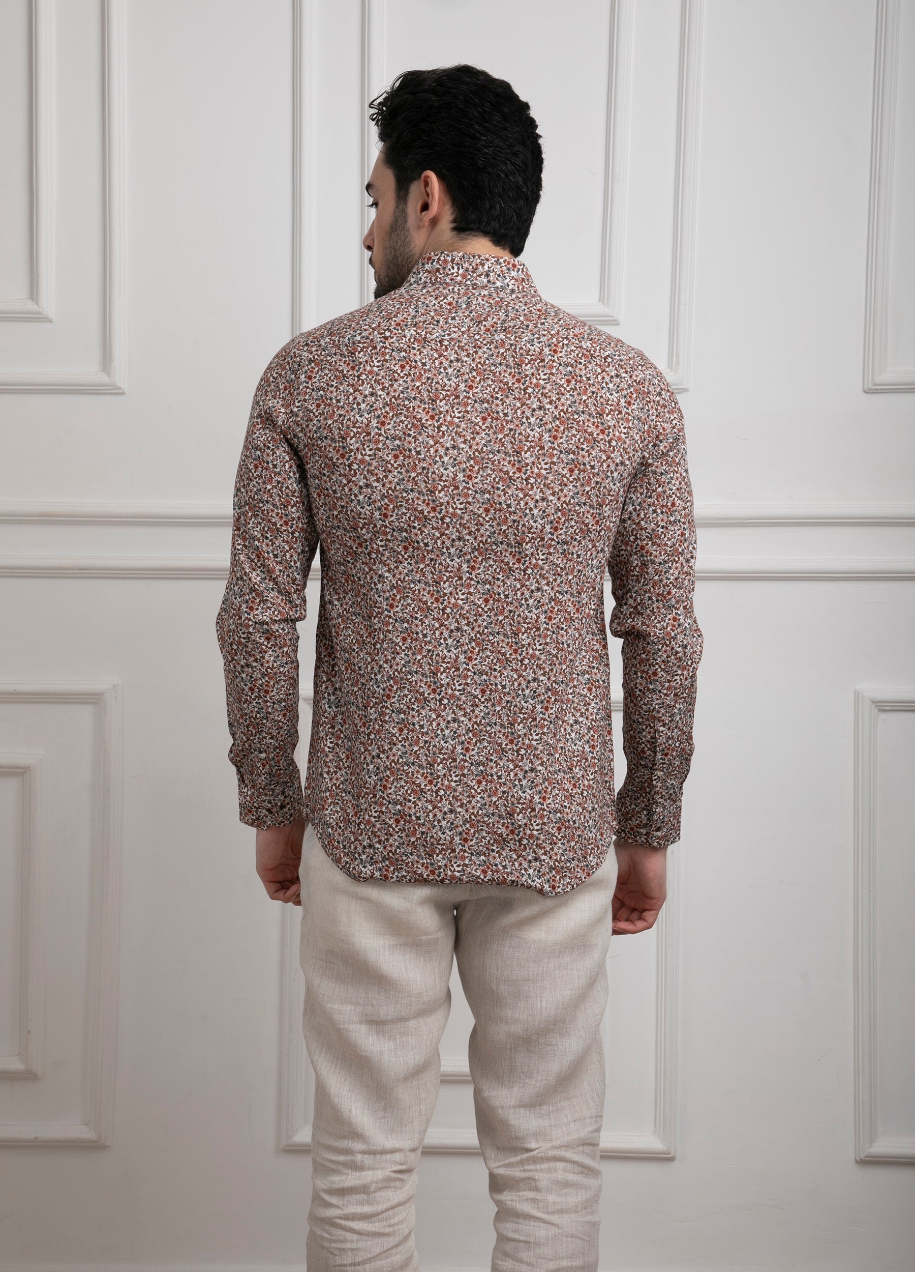 Cutaway collar Linen Tencel Dahlia Print Shirt - Cinnamon