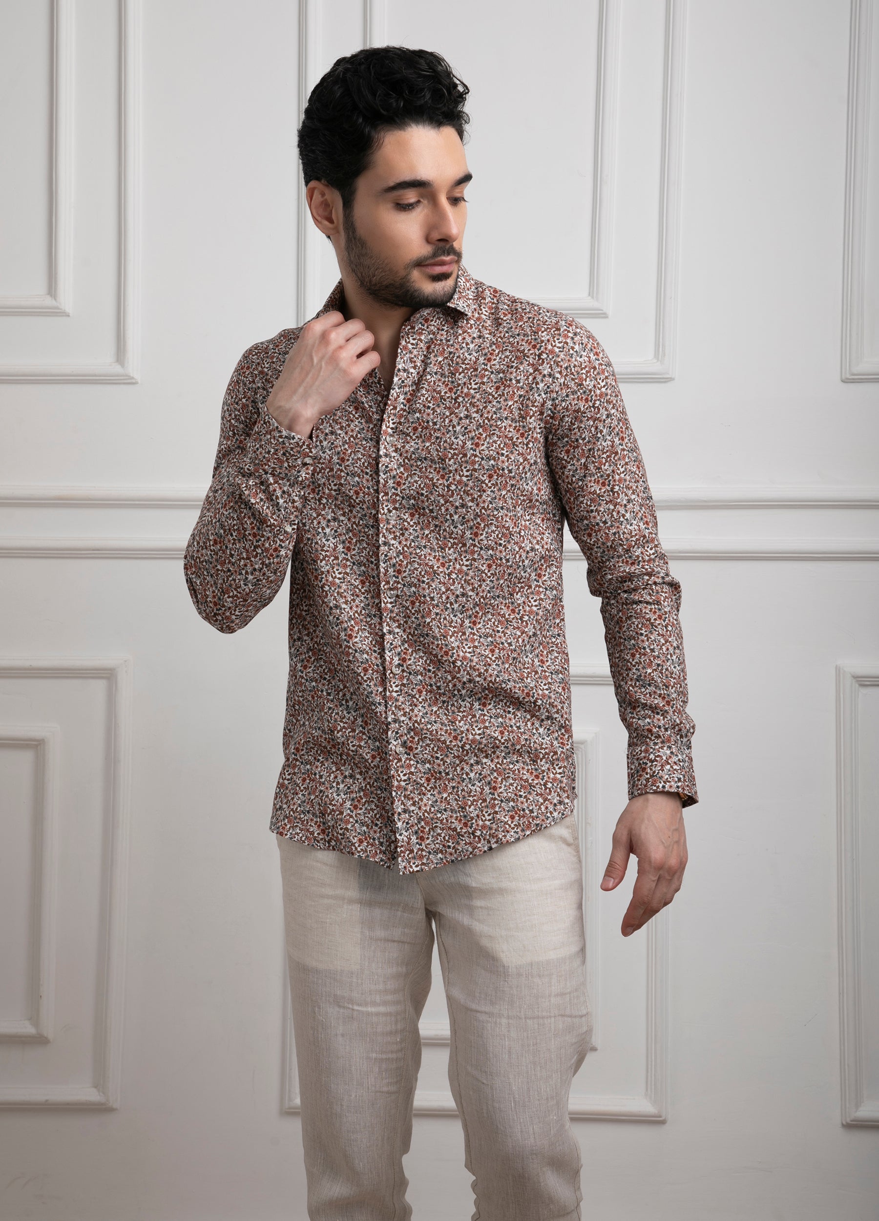 Cutaway collar Linen Tencel Dahlia Print Shirt - Cinnamon