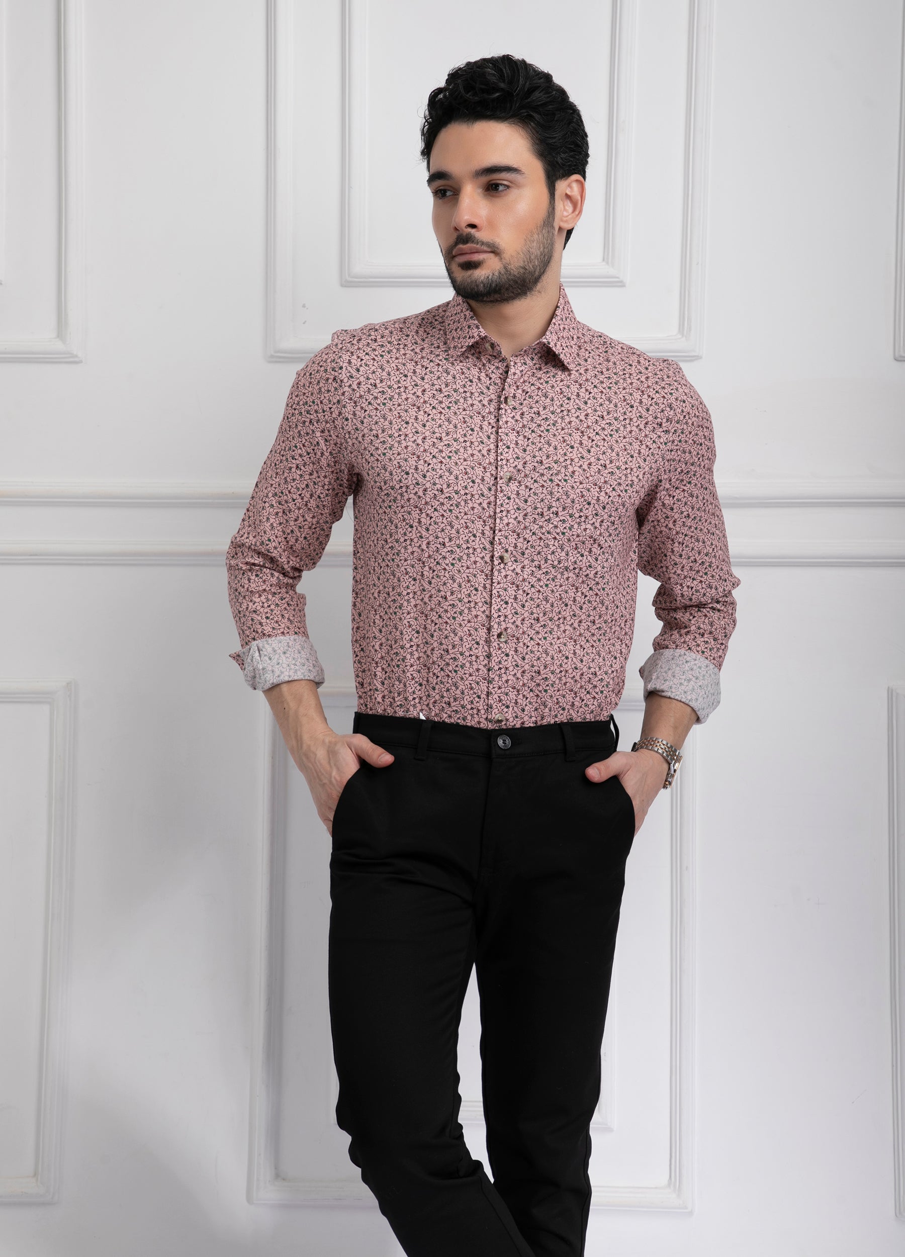 Point Collar Linen Tencel Vine Print Shirt - Poppy Pink