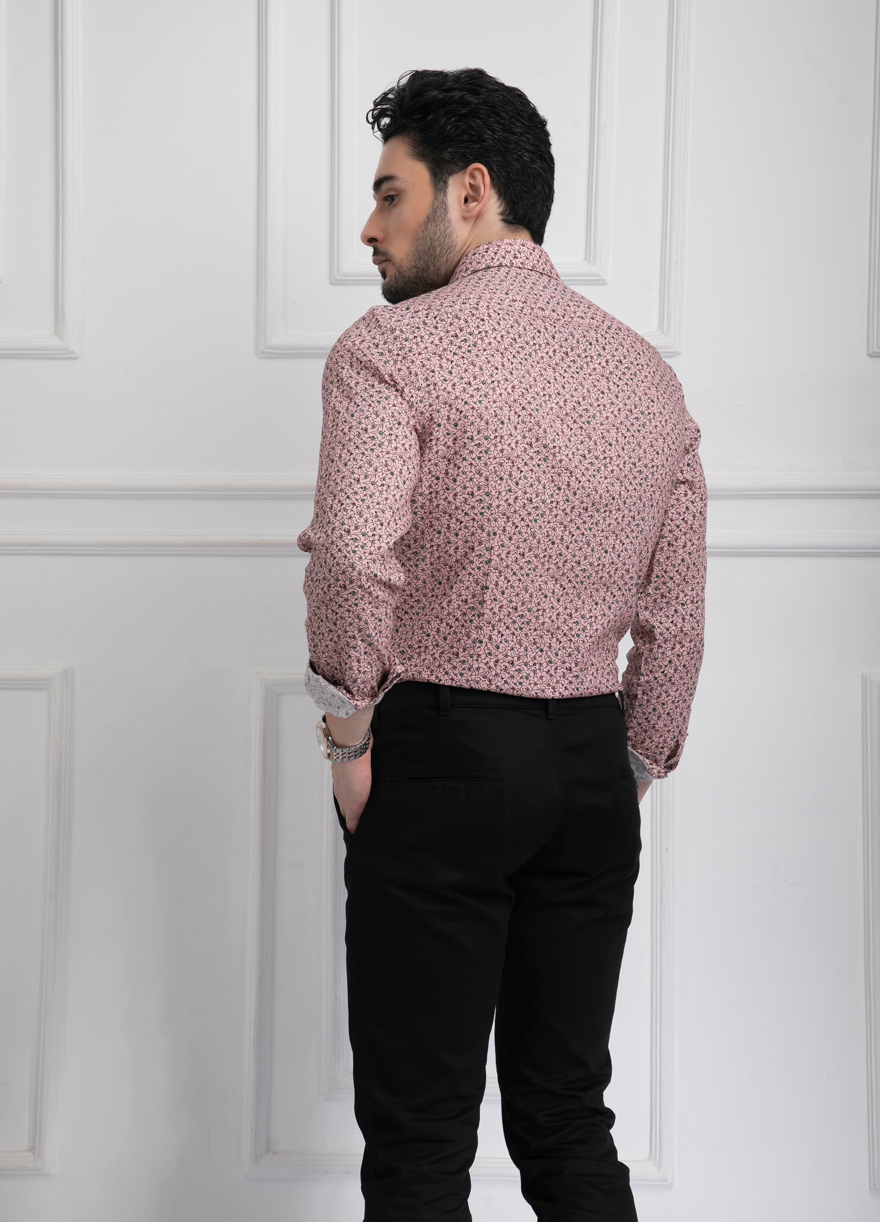 Point Collar Linen Tencel Vine Print Shirt - Poppy Pink