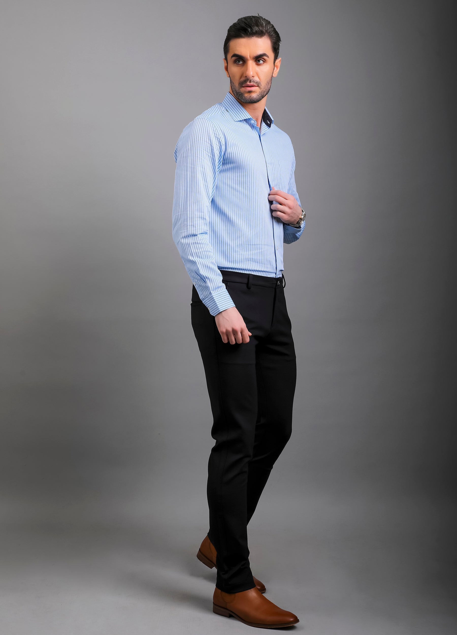 Point Collar Yarn Dyed Diamond Weave Stripe Shirt - Blue
