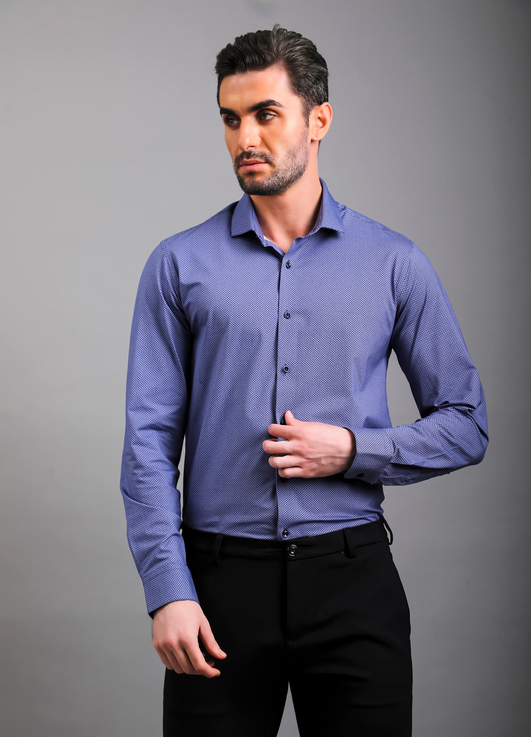 Concentric Blues: Cutaway Collar Print Knit Shirt