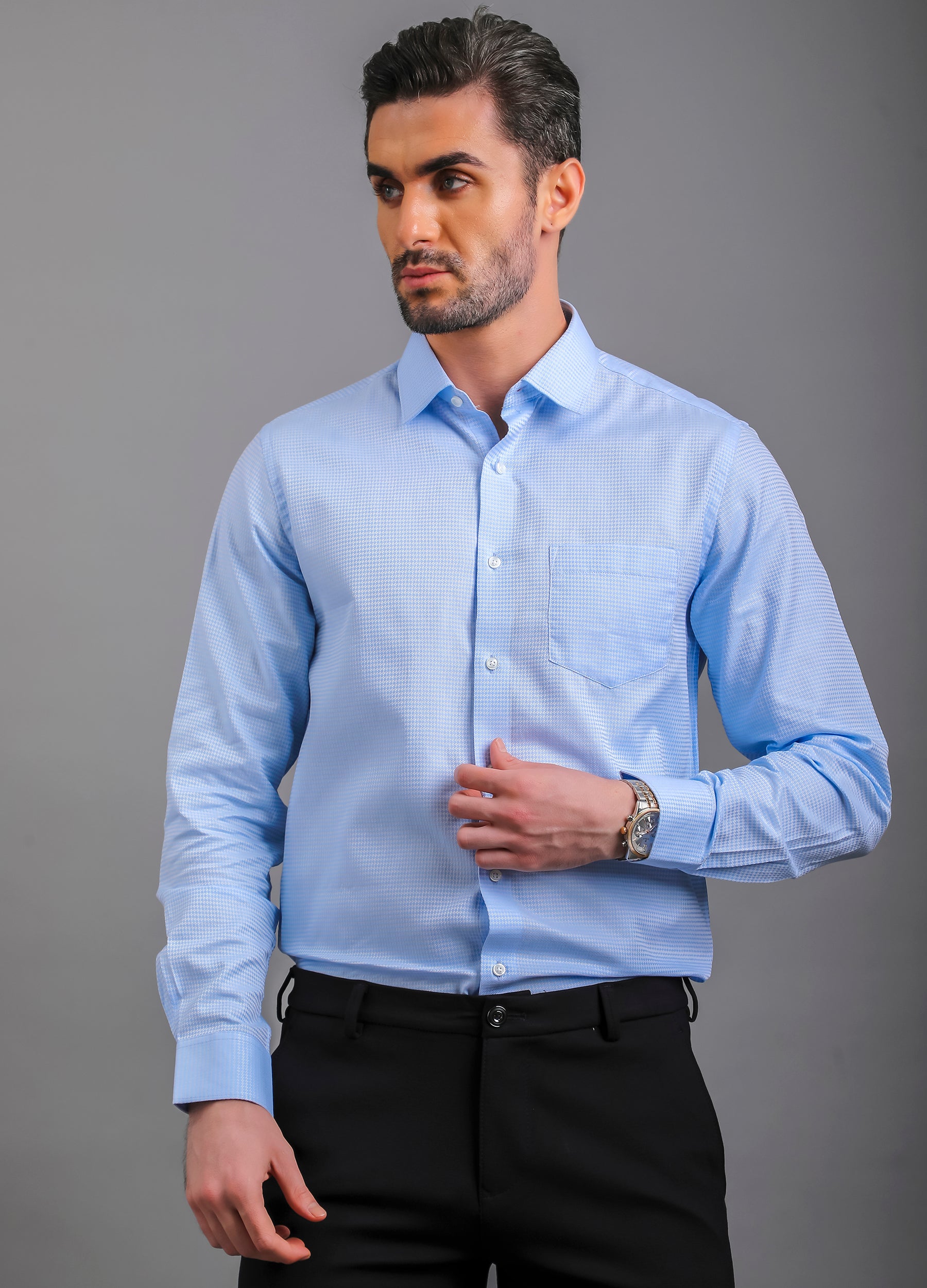 Point Collar Jacquard Fine Cotton Shirt - Baby Blue