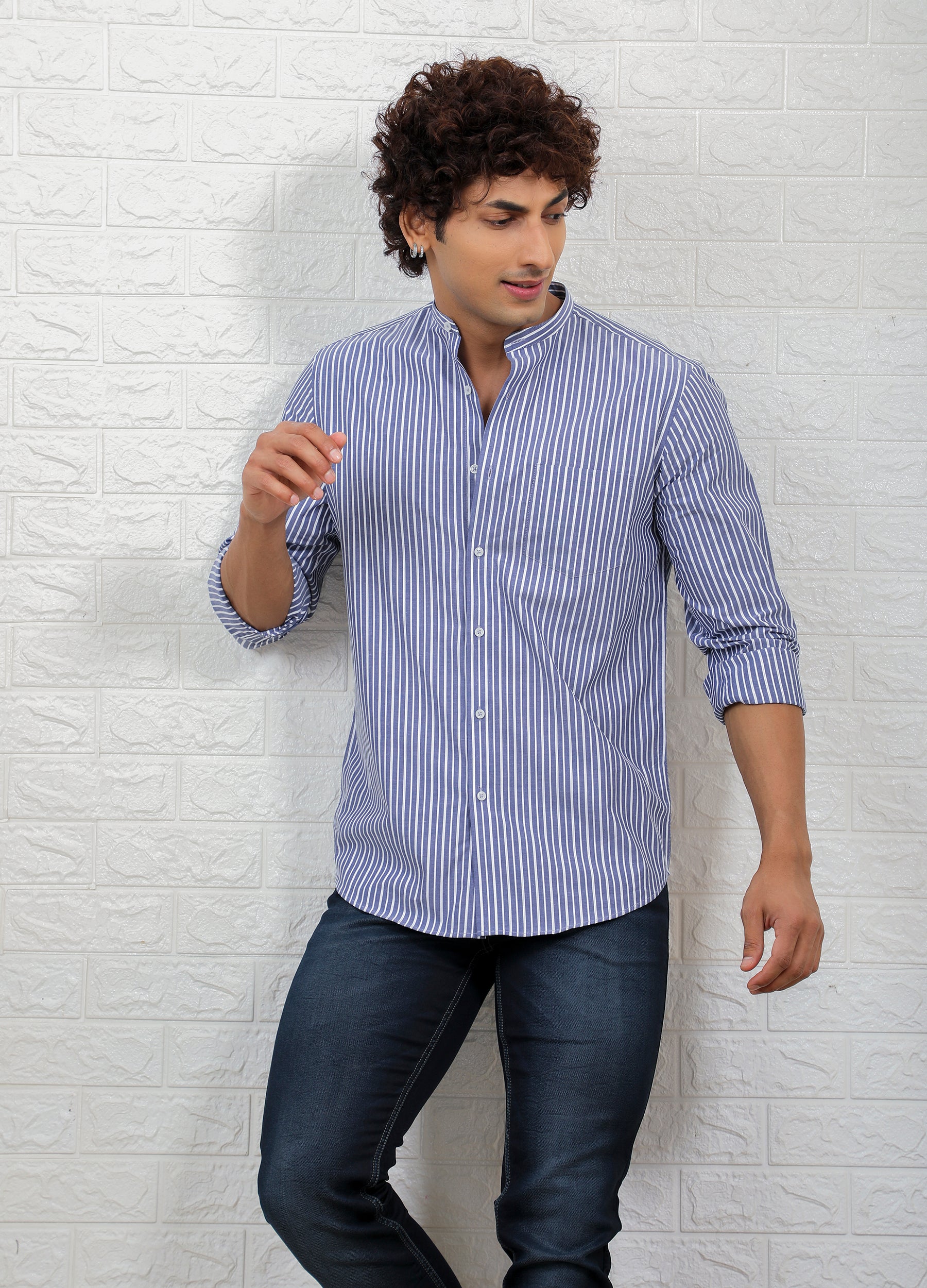Band Collar Two Colour Casual Stripe Shirt - Yale Blue