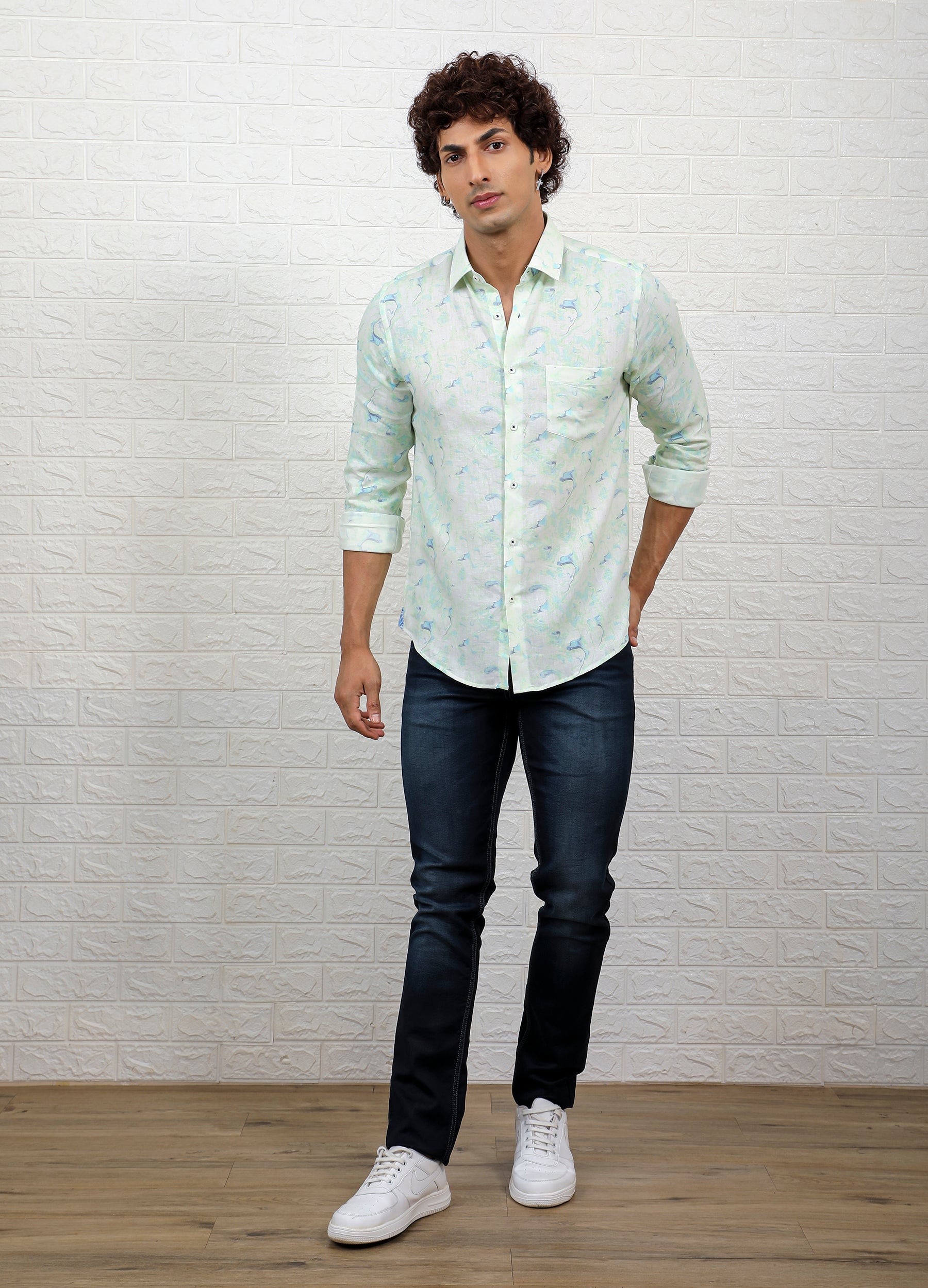 Marb Verte: Point Collar Linen Blend Marble Print Shirt - Off White