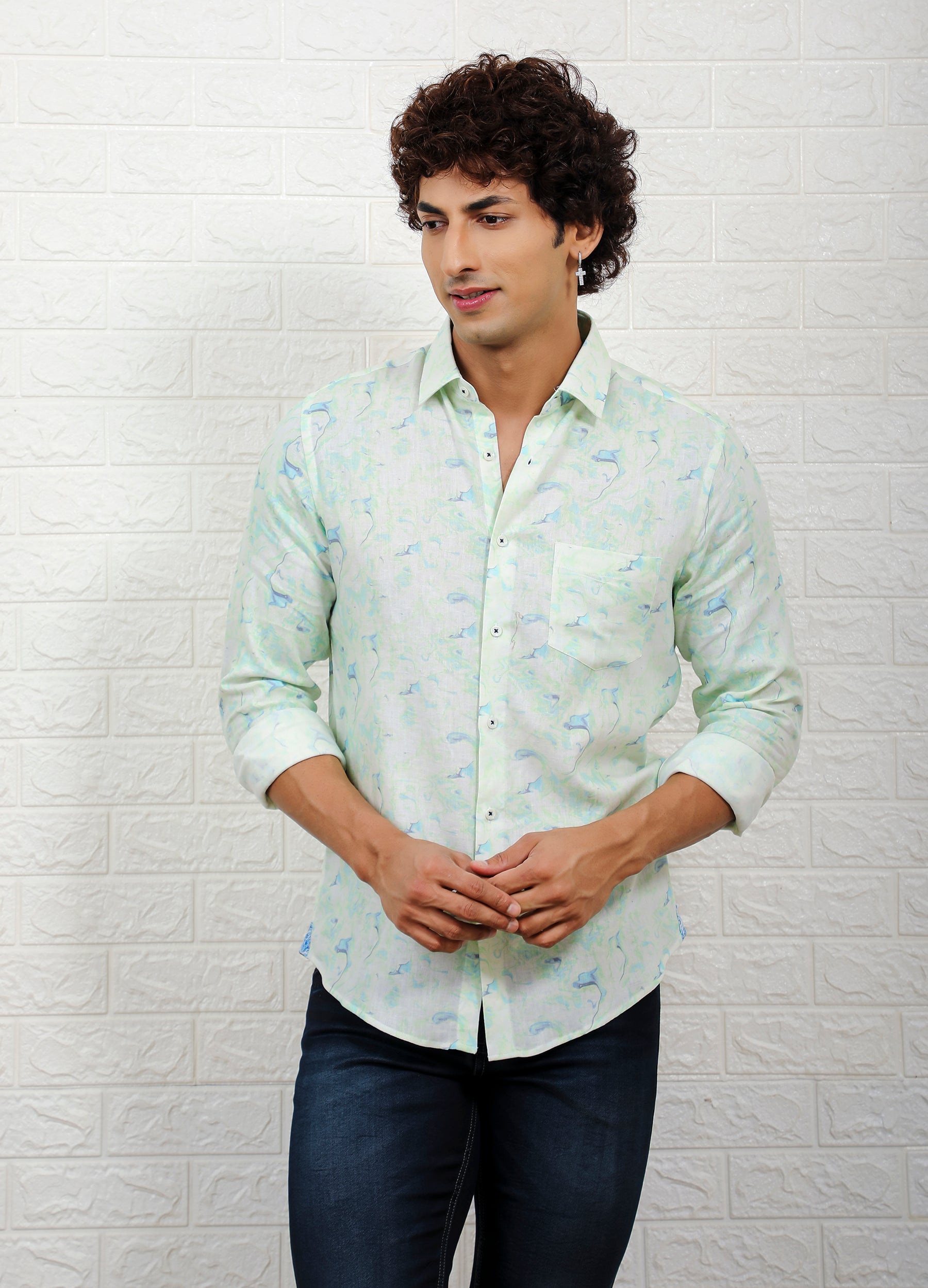 Marb Verte: Point Collar Linen Blend Marble Print Shirt - Off White