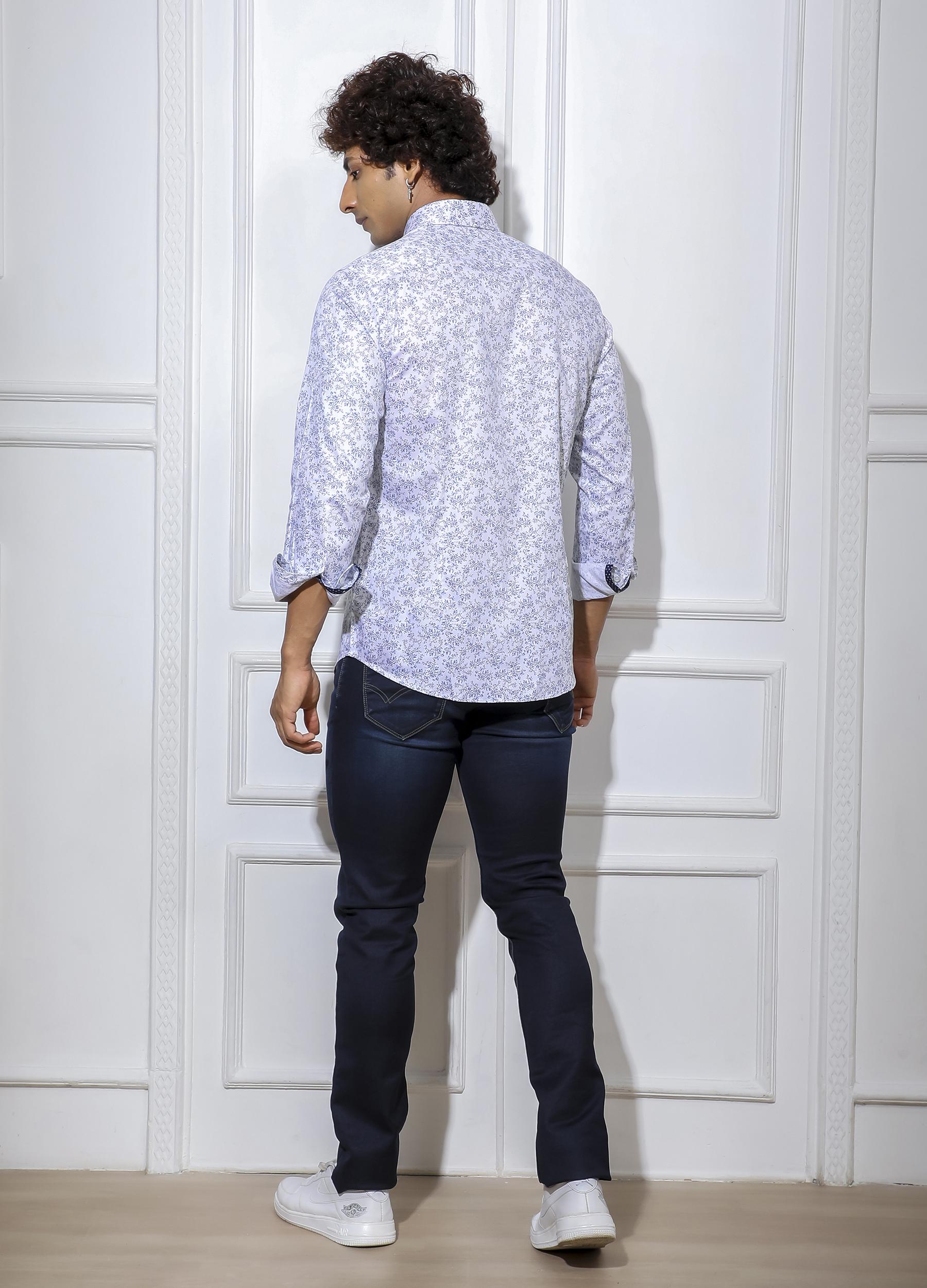 Point Collar Blue Floral Print Shirt - White