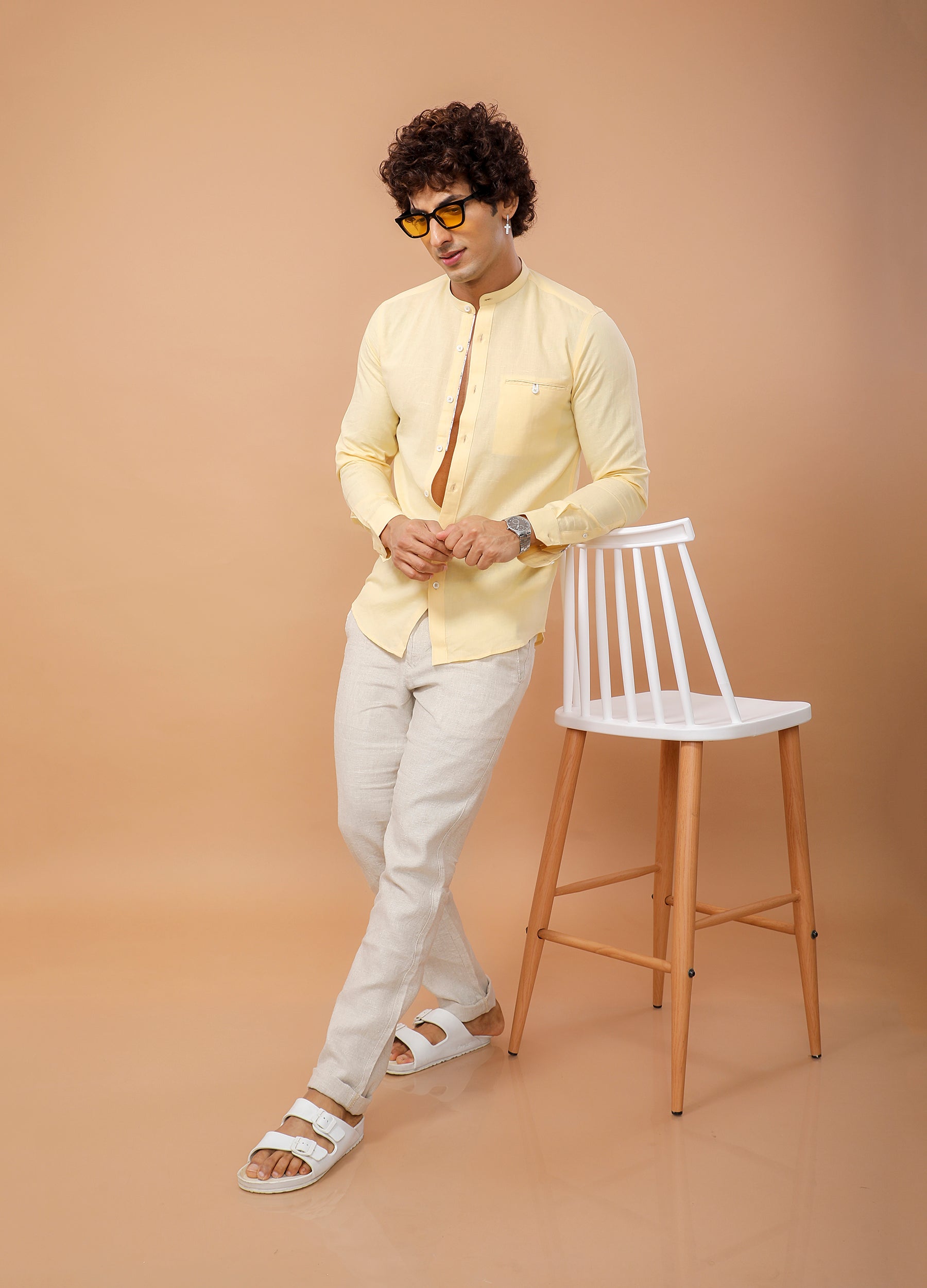 Band Collar Linen Blend Solid Shirt - Lemon Yellow
