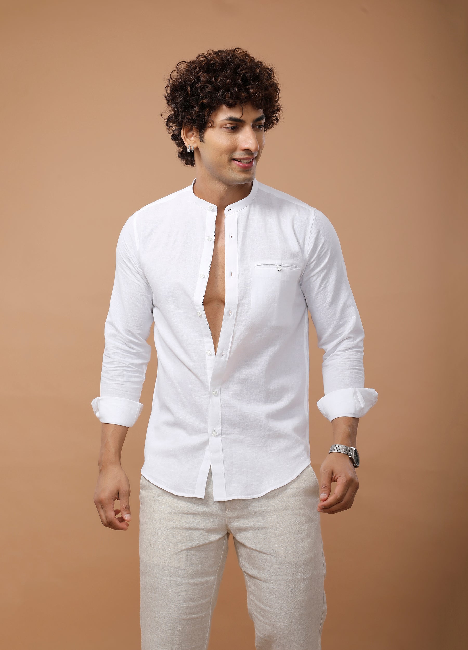 Band Collar Linen Blend Solid Shirt - White