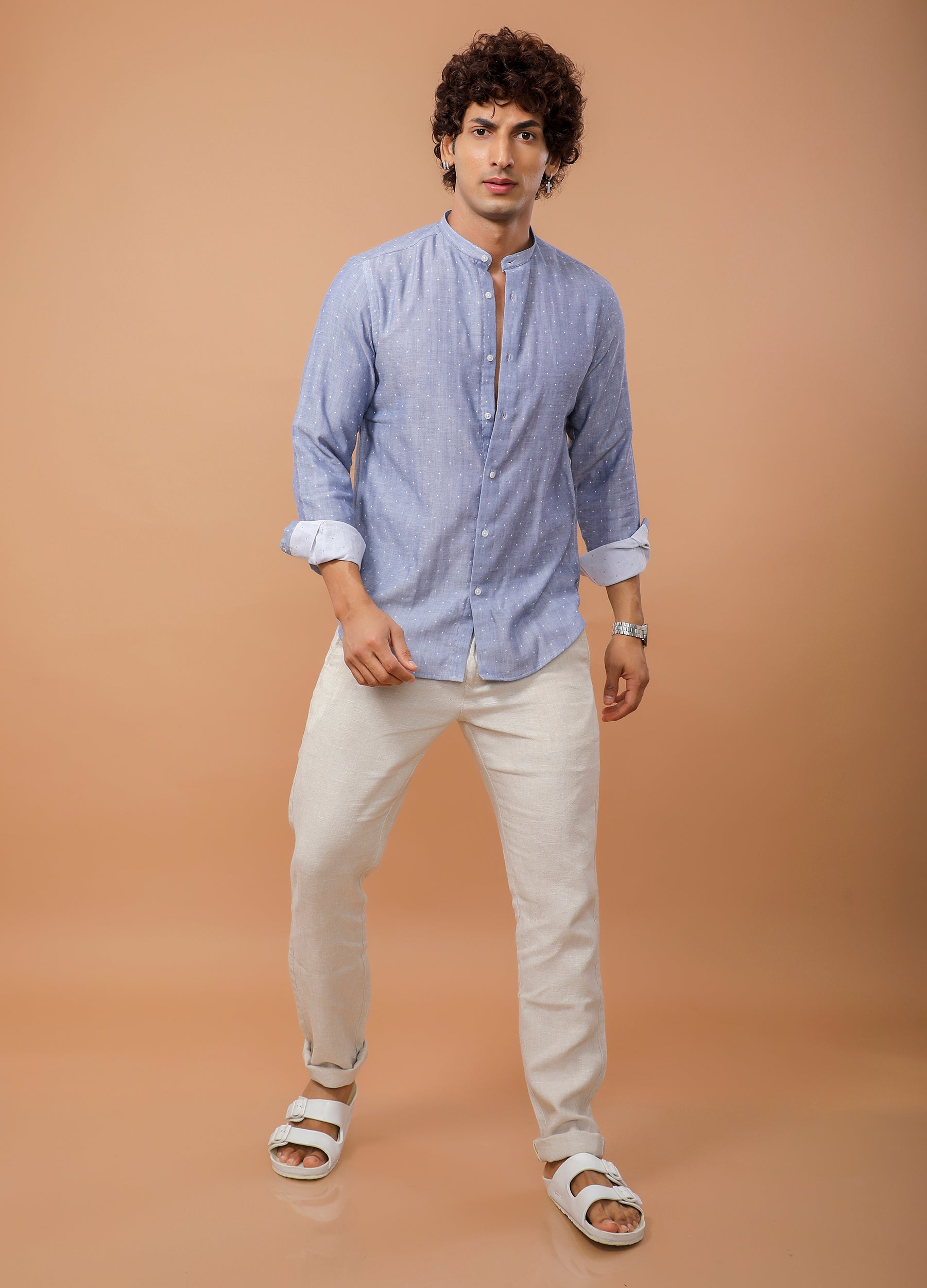 Band Collar Double Cloth Butta Dobby Shirt - Blue