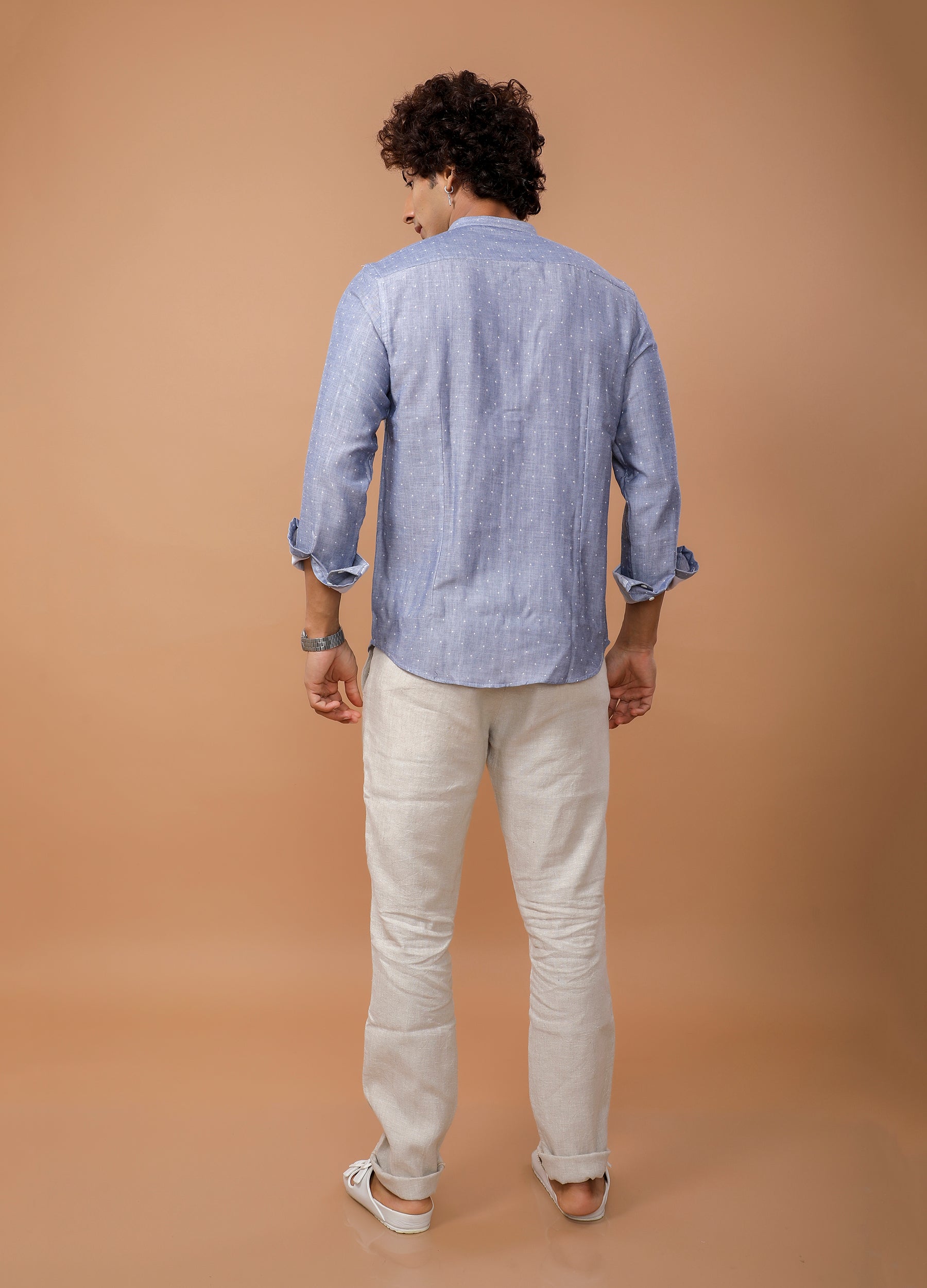 Band Collar Double Cloth Butta Dobby Shirt - Blue