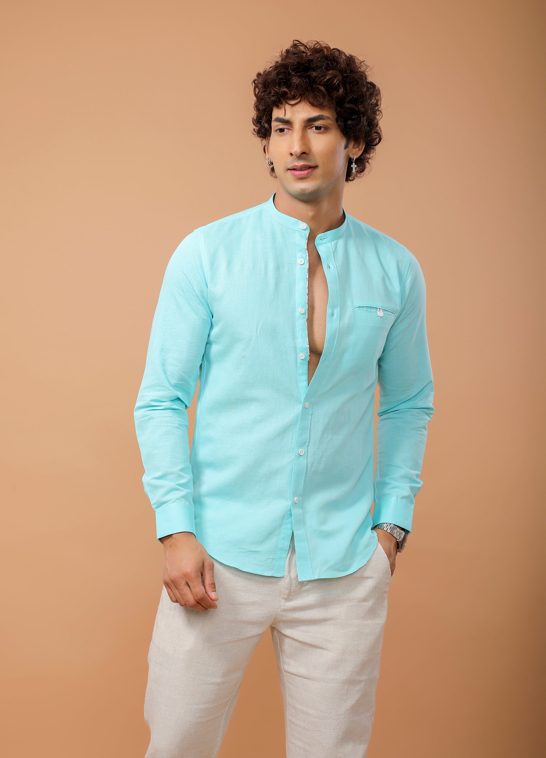 Band Collar Linen Blend Solid Shirt - Aqua Blue