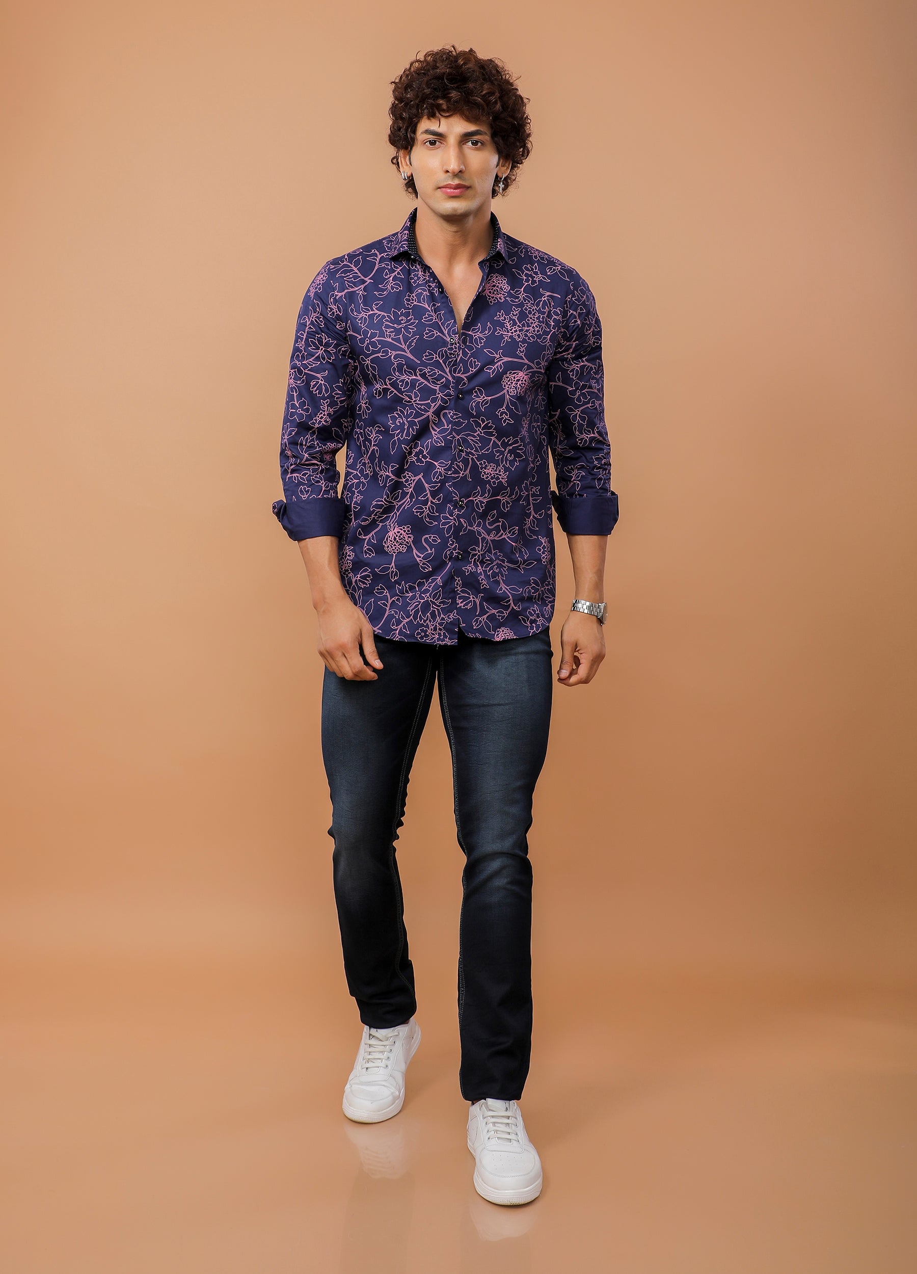 Grafi: Cutaway Collar Floral Print Club Shirt - Ribbon Blue