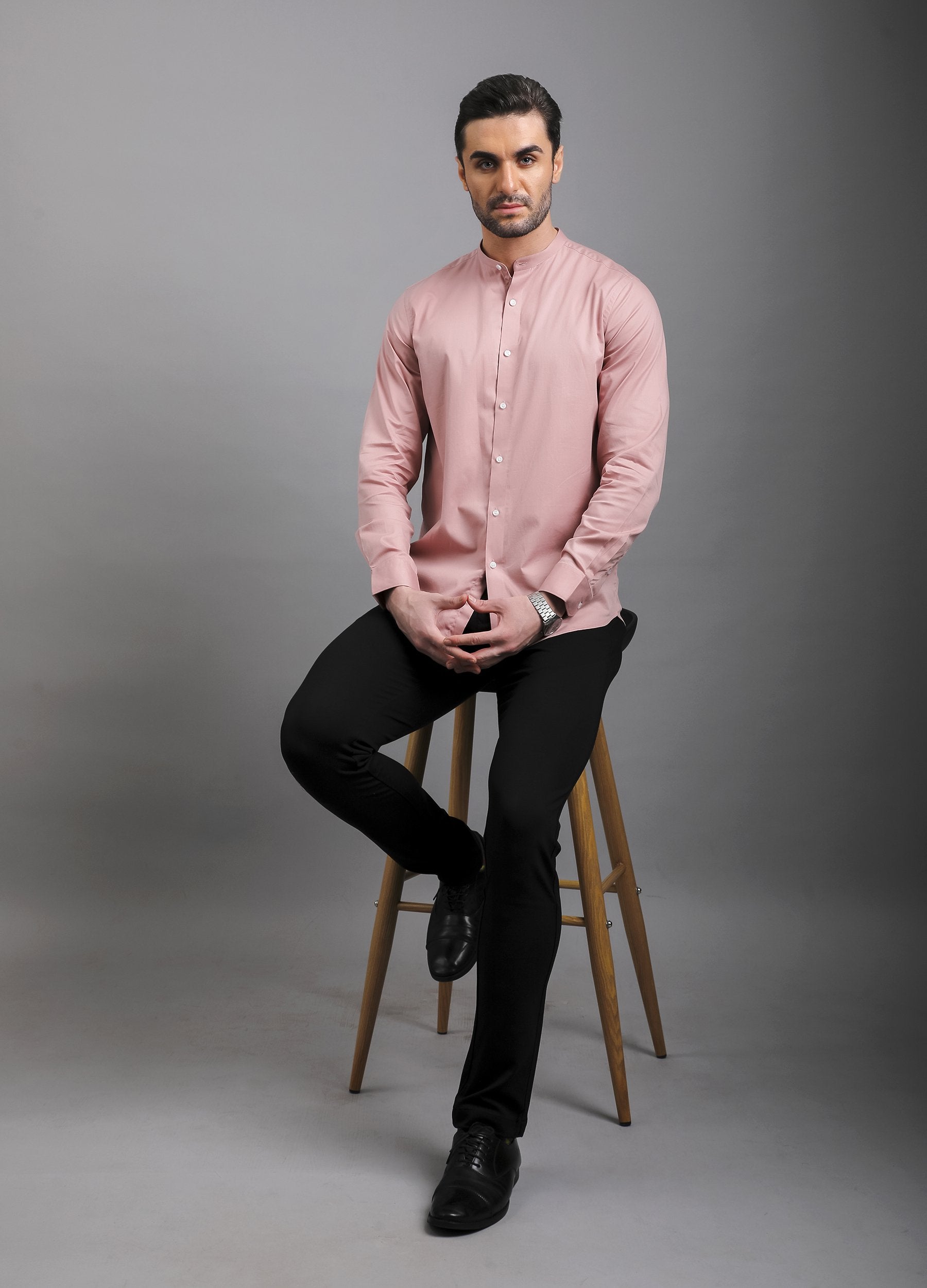 Band Collar Fine Twill Stretch Shirt - Peach