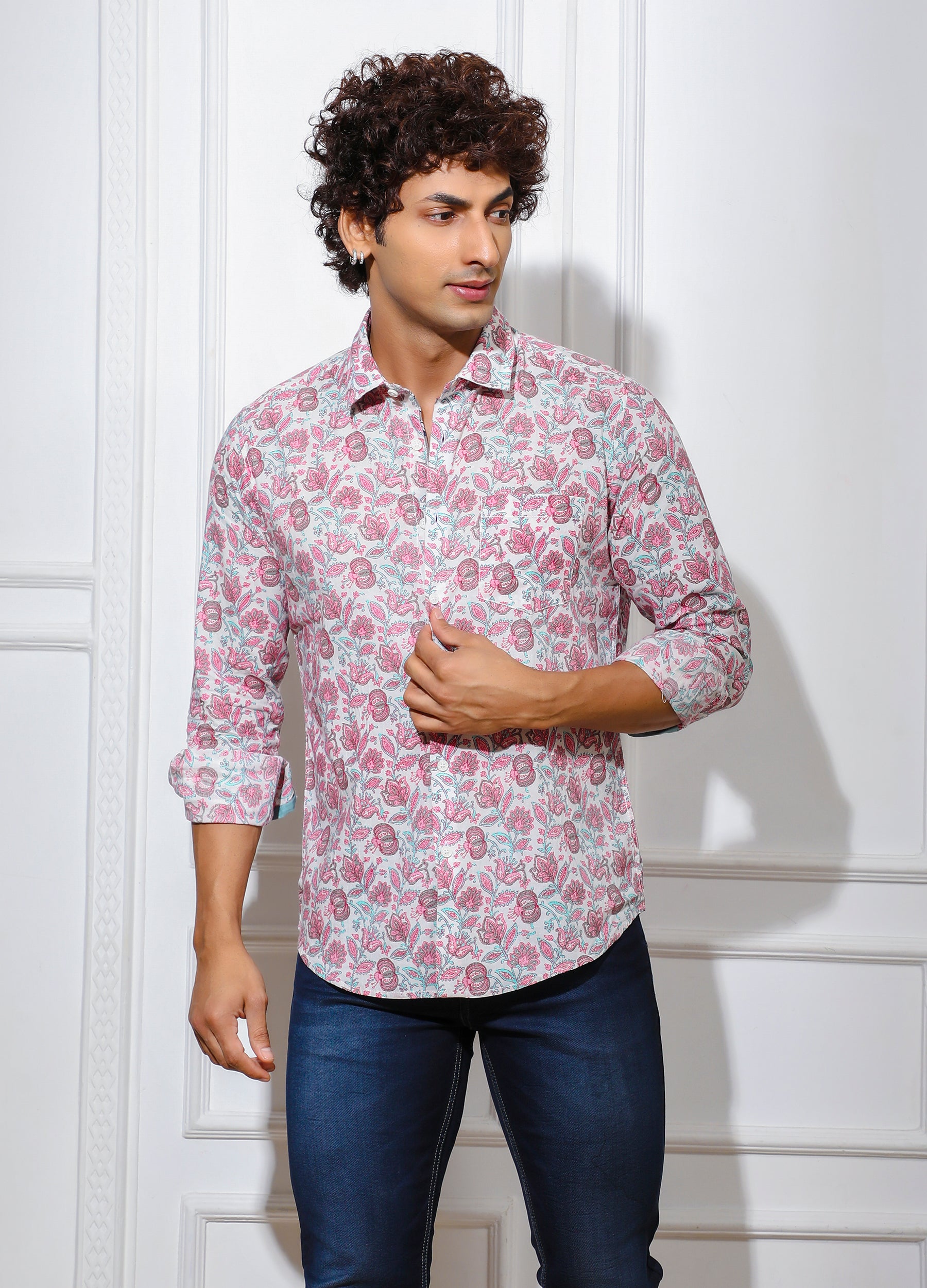 Gulab: Flat Collar Floral Print Shirt - Pink