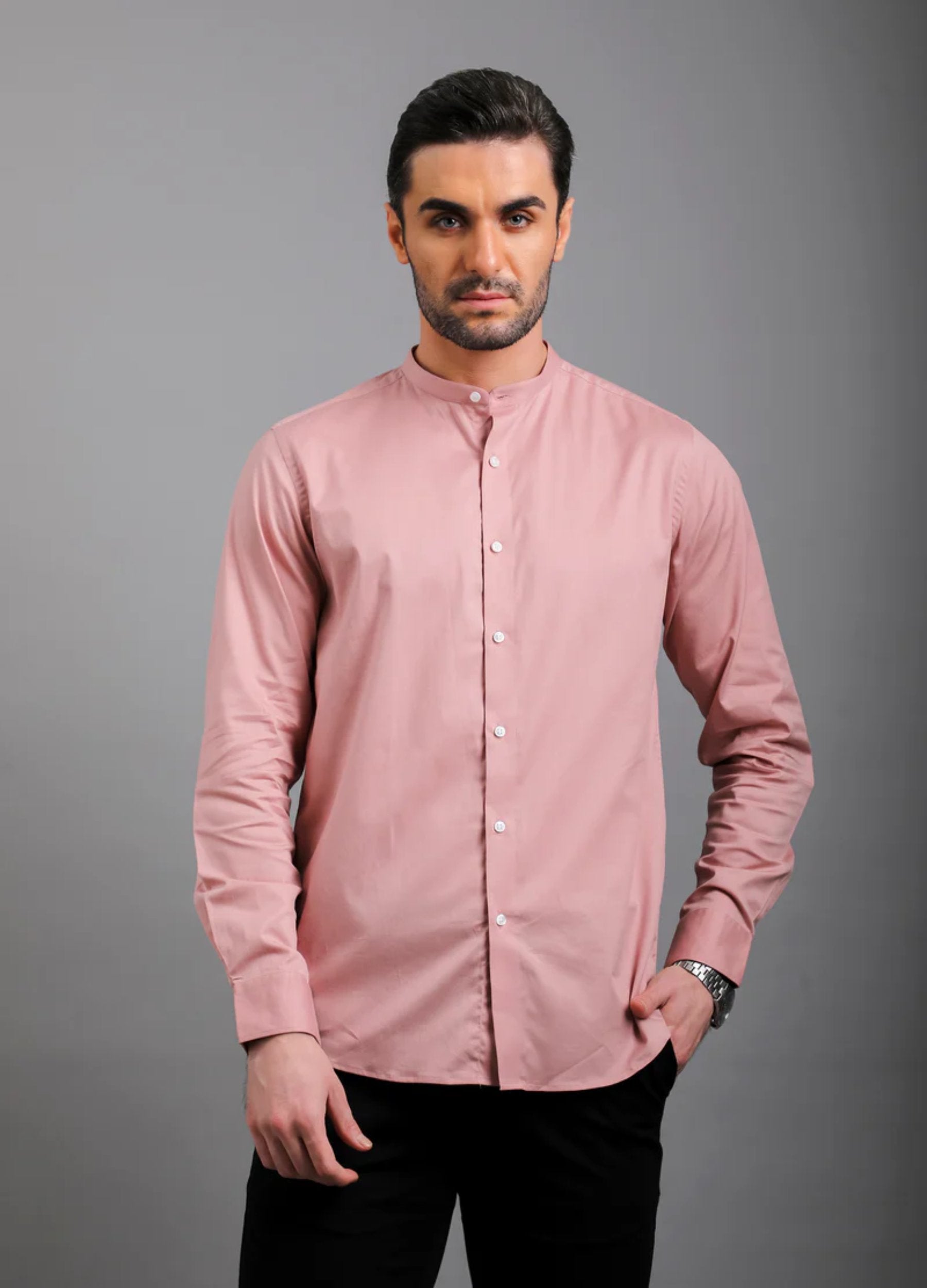 Band Collar Fine Twill Stretch Shirt - Peach