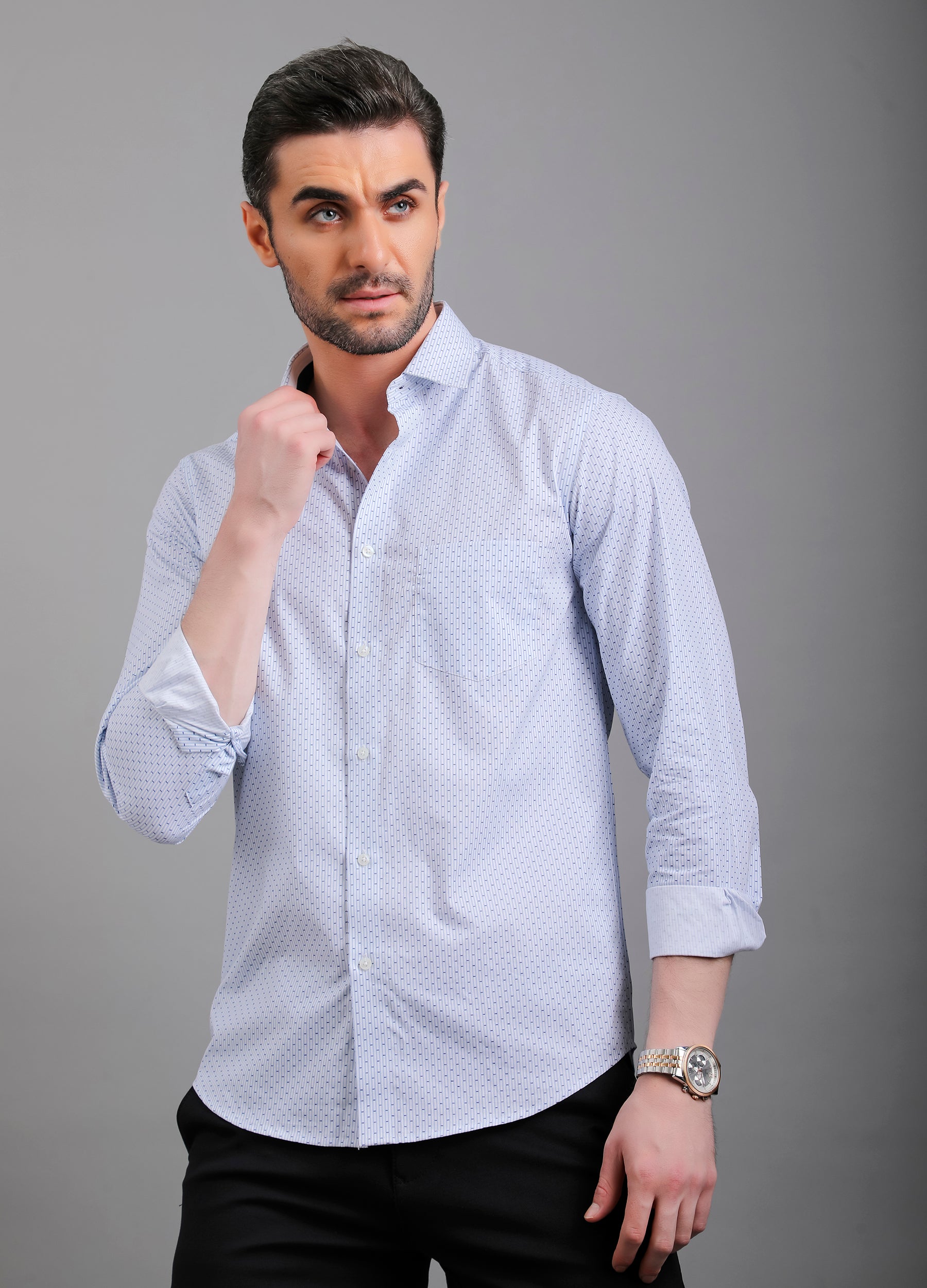 Point Collar Print Stripe Shirt - Uranian Blue