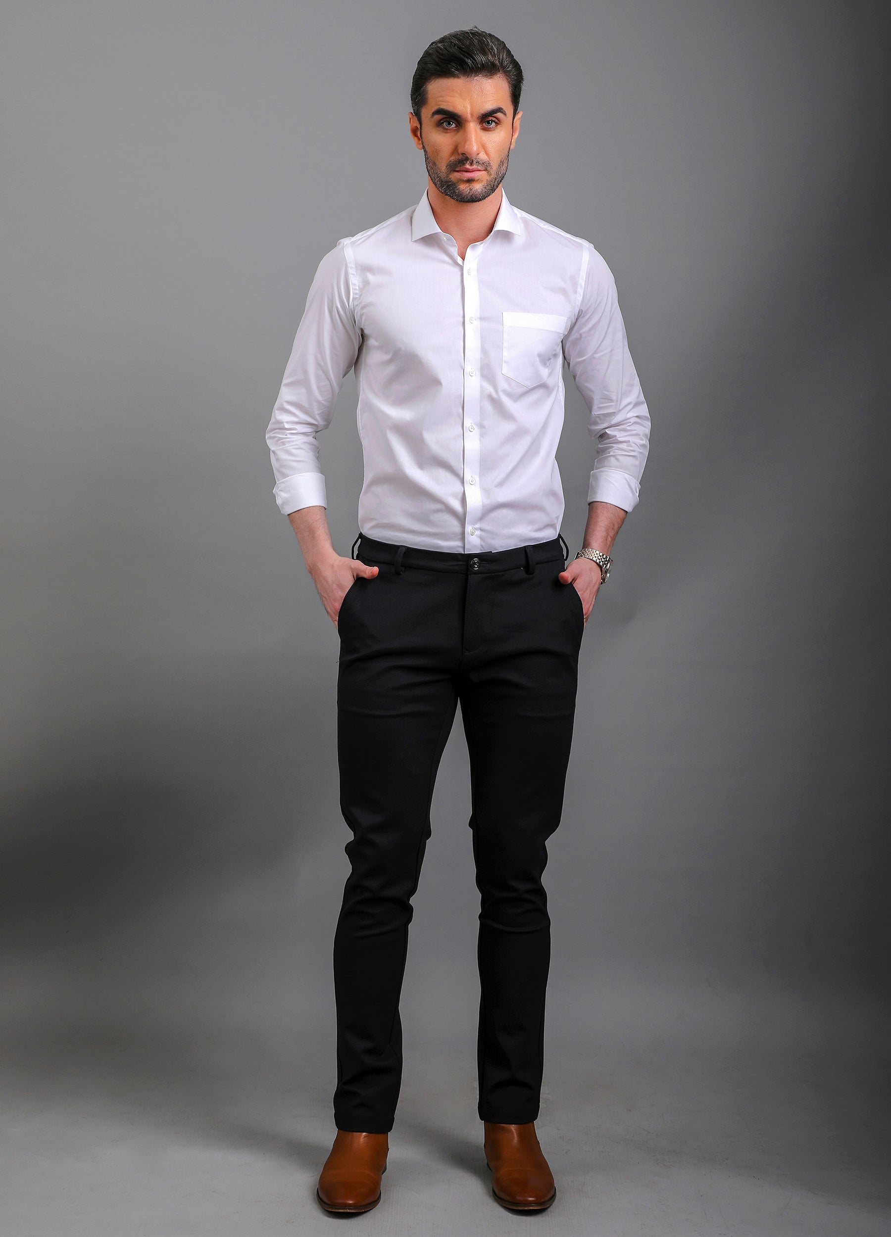 Cutaway Collar Poplin Stretch Shirt - White