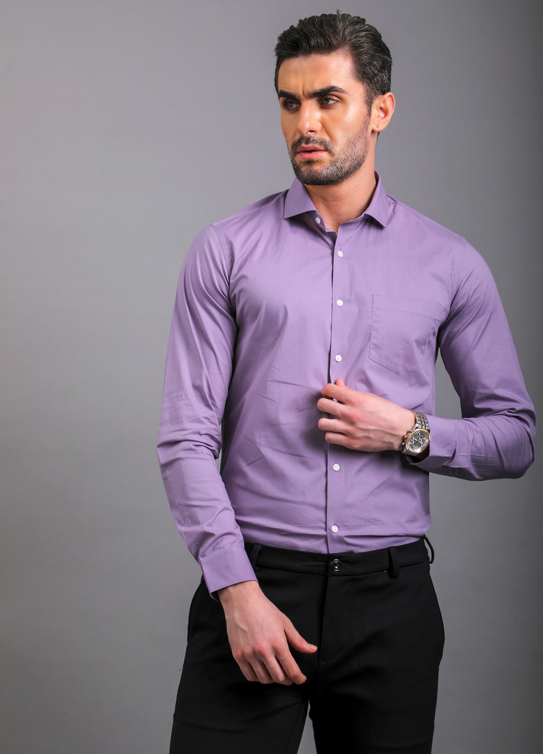 Cutaway Collar Poplin Stretch Shirt - Grape