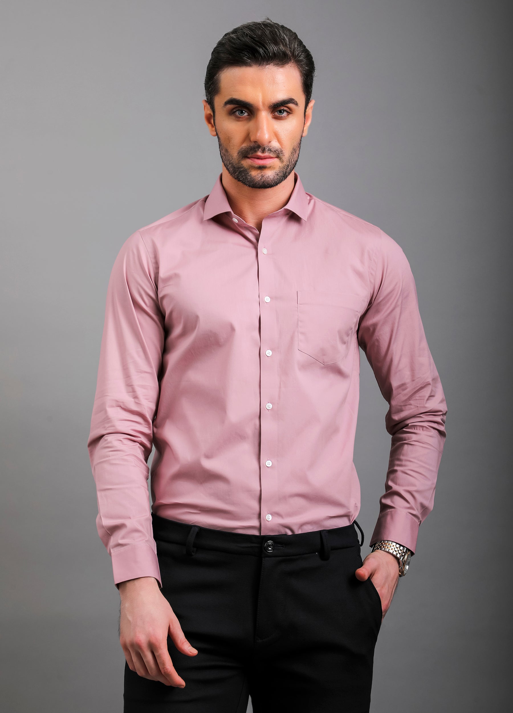 Cutaway Collar Poplin Stretch Shirt - Dusty Pink