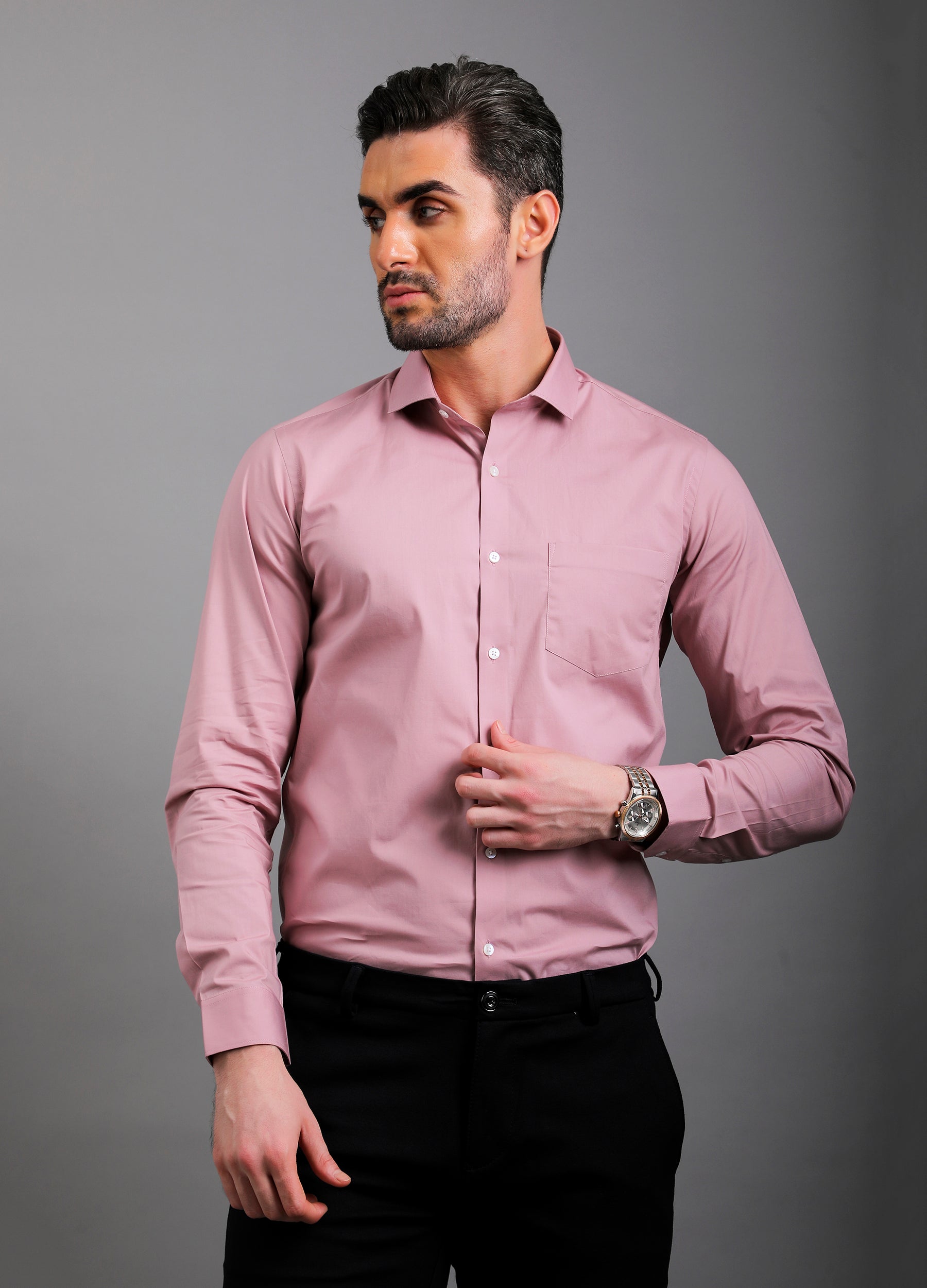 Cutaway Collar Poplin Stretch Shirt - Dusty Pink