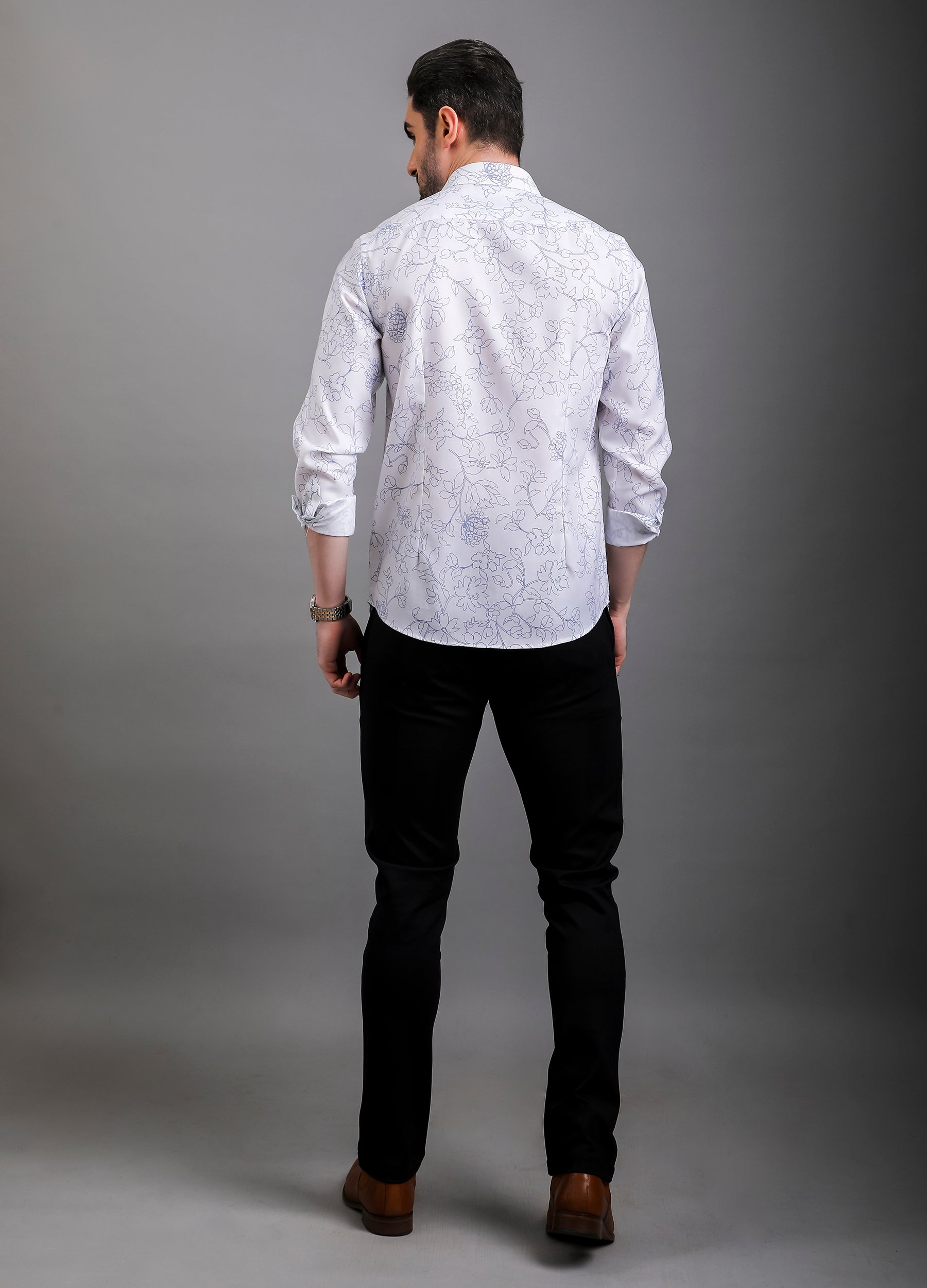 Grafi: Cutaway Collar Satin Floral Print Club Shirt - White