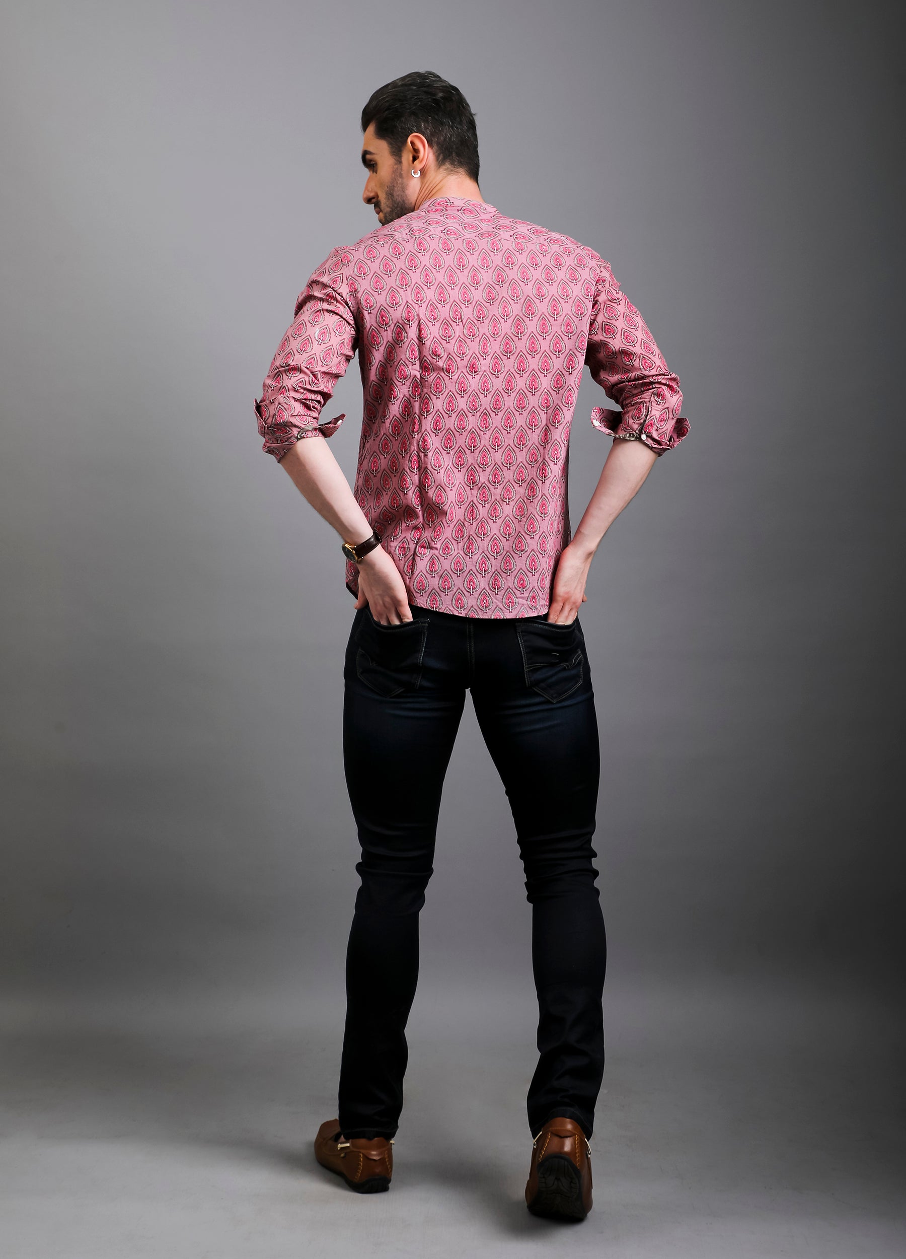 Band Collar Bagh Effect Print Shirt - Mauve Pink