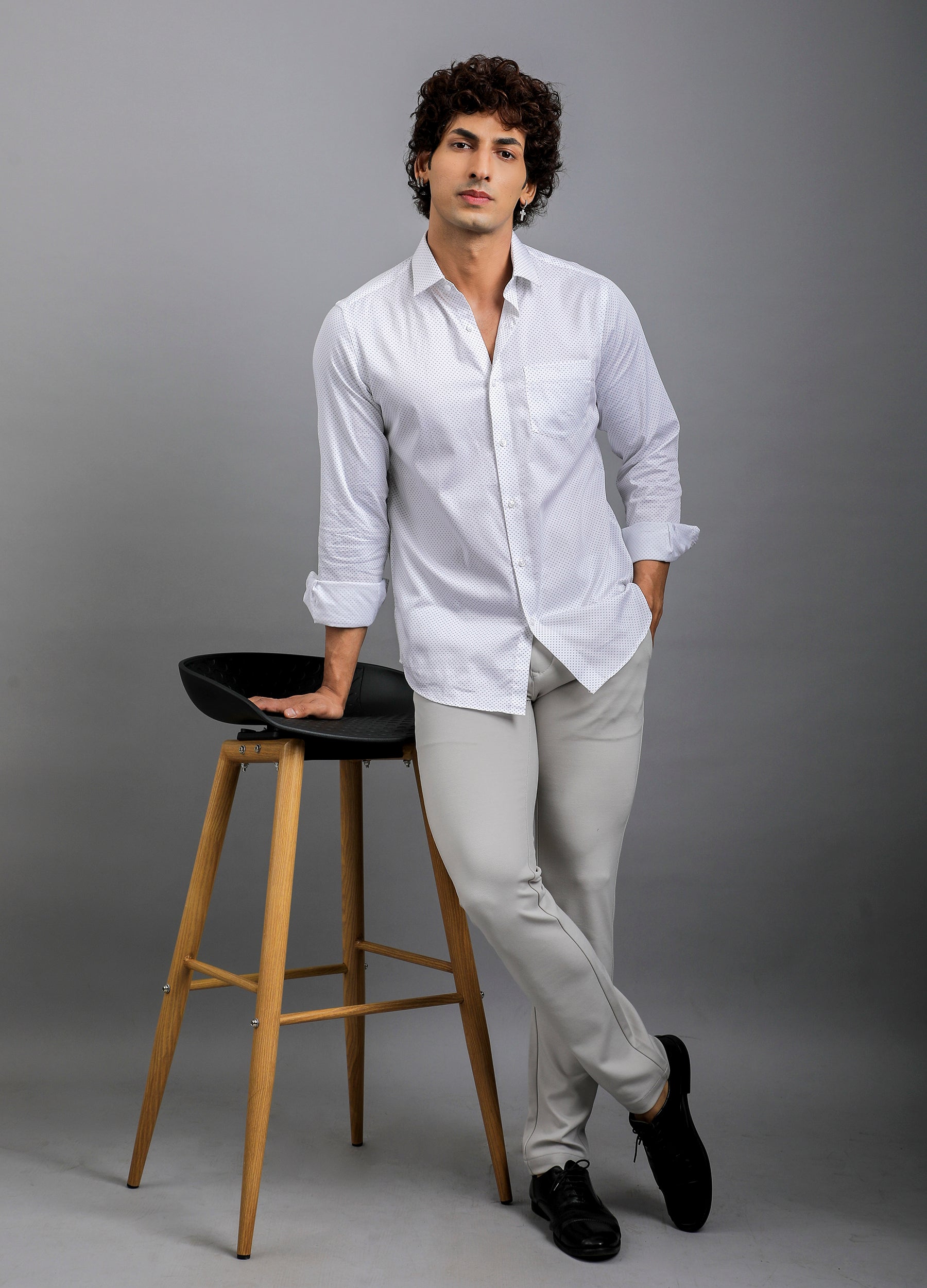 Point Collar Structured Dobby Print Shirt - White